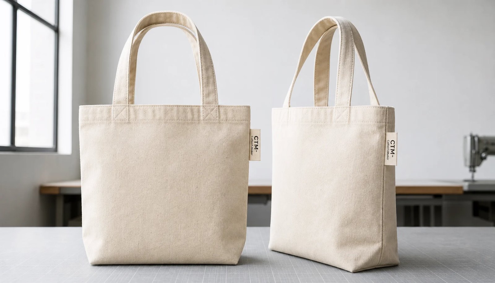 Photorealistic organic cotton tote bags with a CTM CottonToMaker side label in a factory sample room