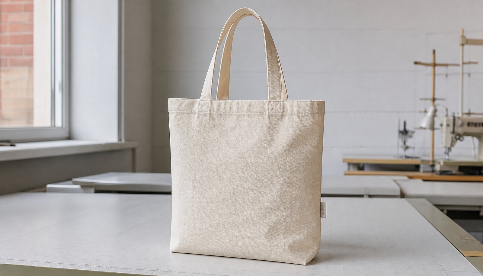 Organic cotton tote with a small CTM woven side label in a factory sample room.