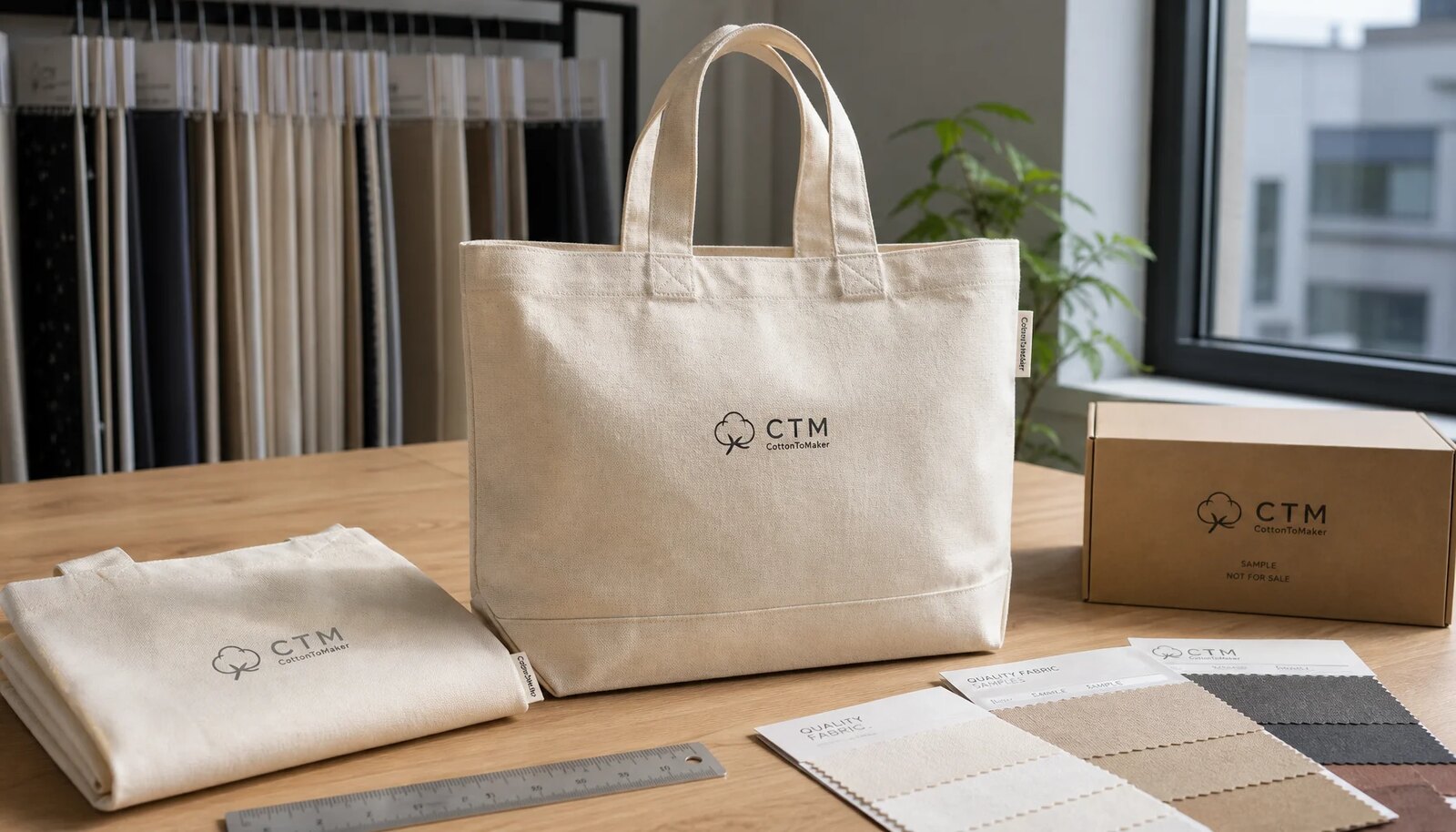 Organic cotton tote bag samples with CTM logo in a factory sample room