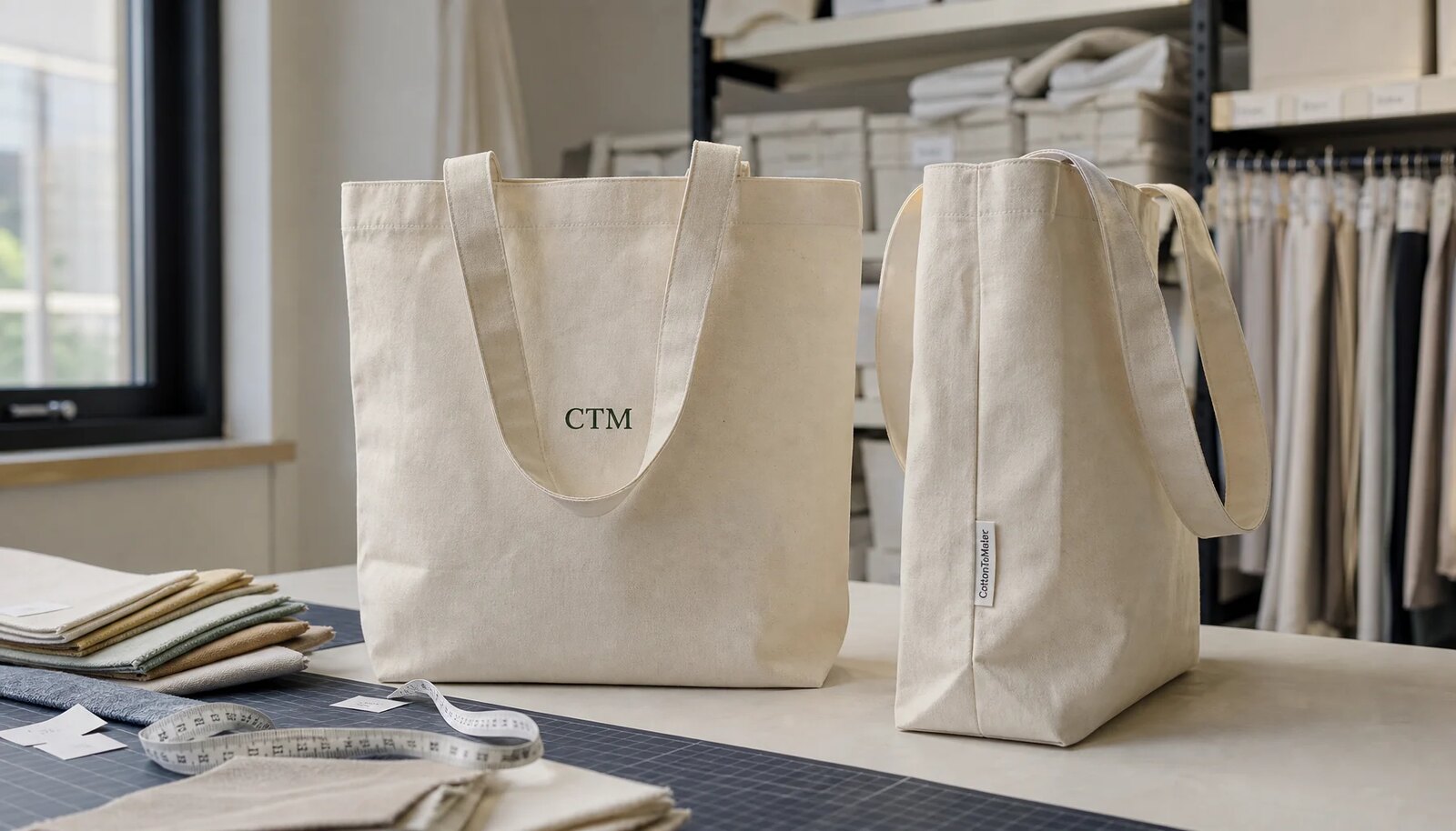 Organic cotton tote bag samples with CTM printed logo and CottonToMaker side label in a factory sample room