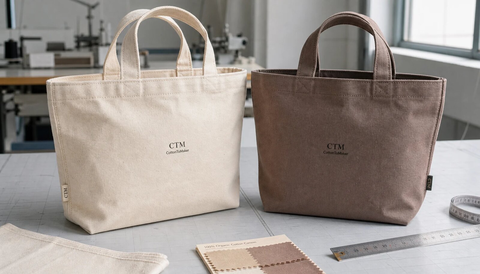 Organic cotton tote bag samples with CTM logo in a factory sample room