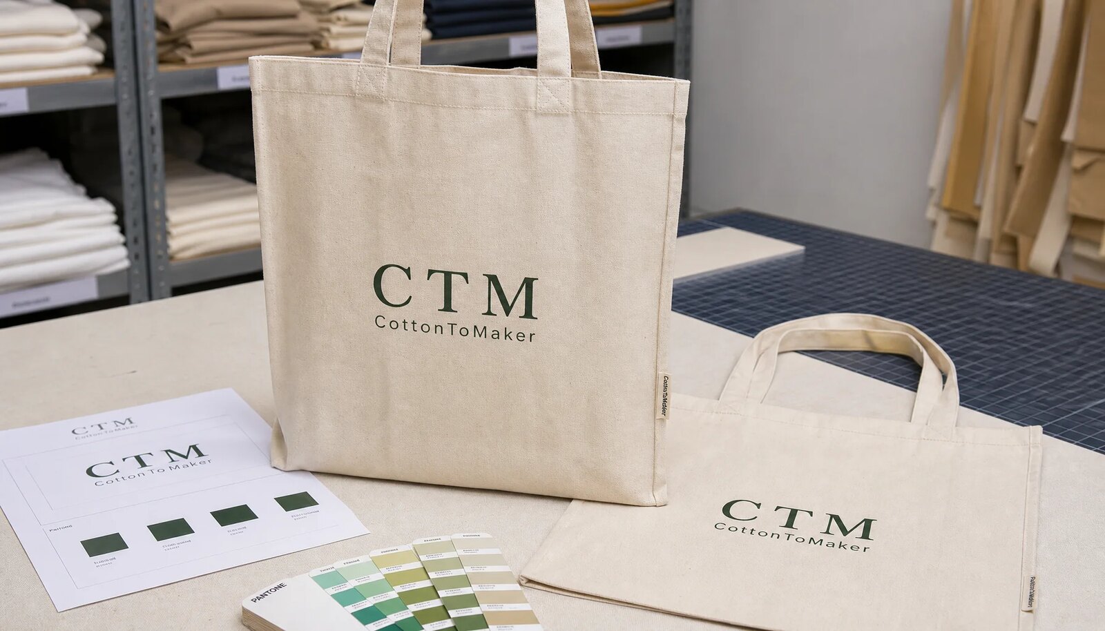 Organic cotton tote bag sample with CTM print and CottonToMaker side label prepared for hotel retail print proofing.