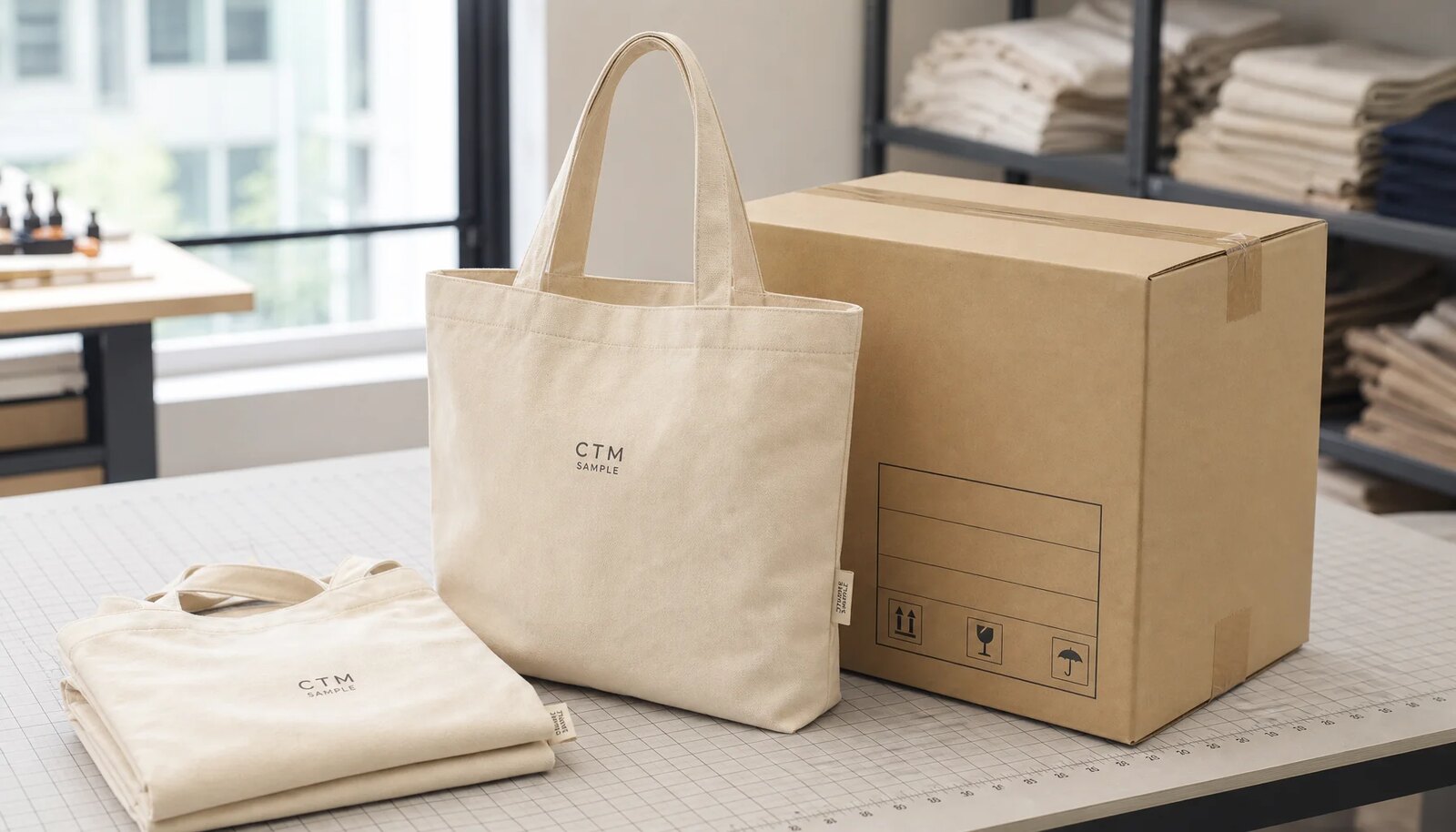 Organic cotton hotel retail tote bags with CTM logo beside export shipping carton