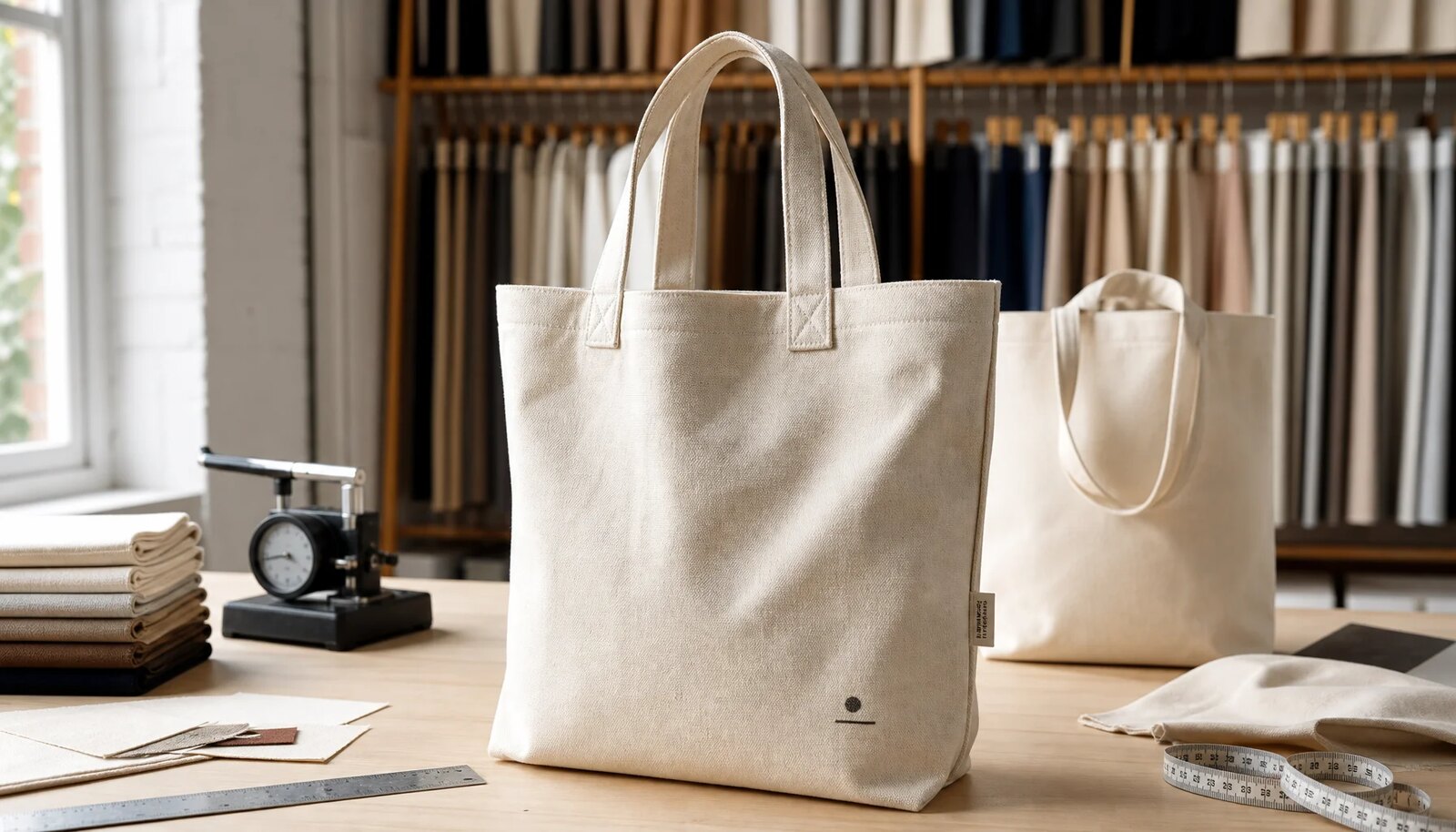 Organic cotton tote bag sample with CottonToMaker logo, woven label, ruler, and fabric swatches in a factory sample room
