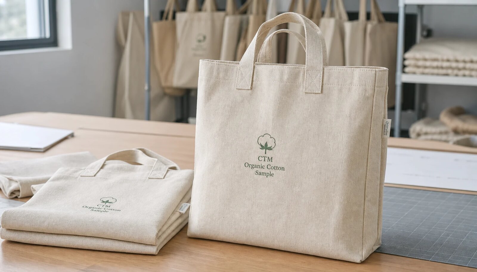 Organic cotton tote bag sample with CTM logo and CottonToMaker side label for hotel retail wholesale review