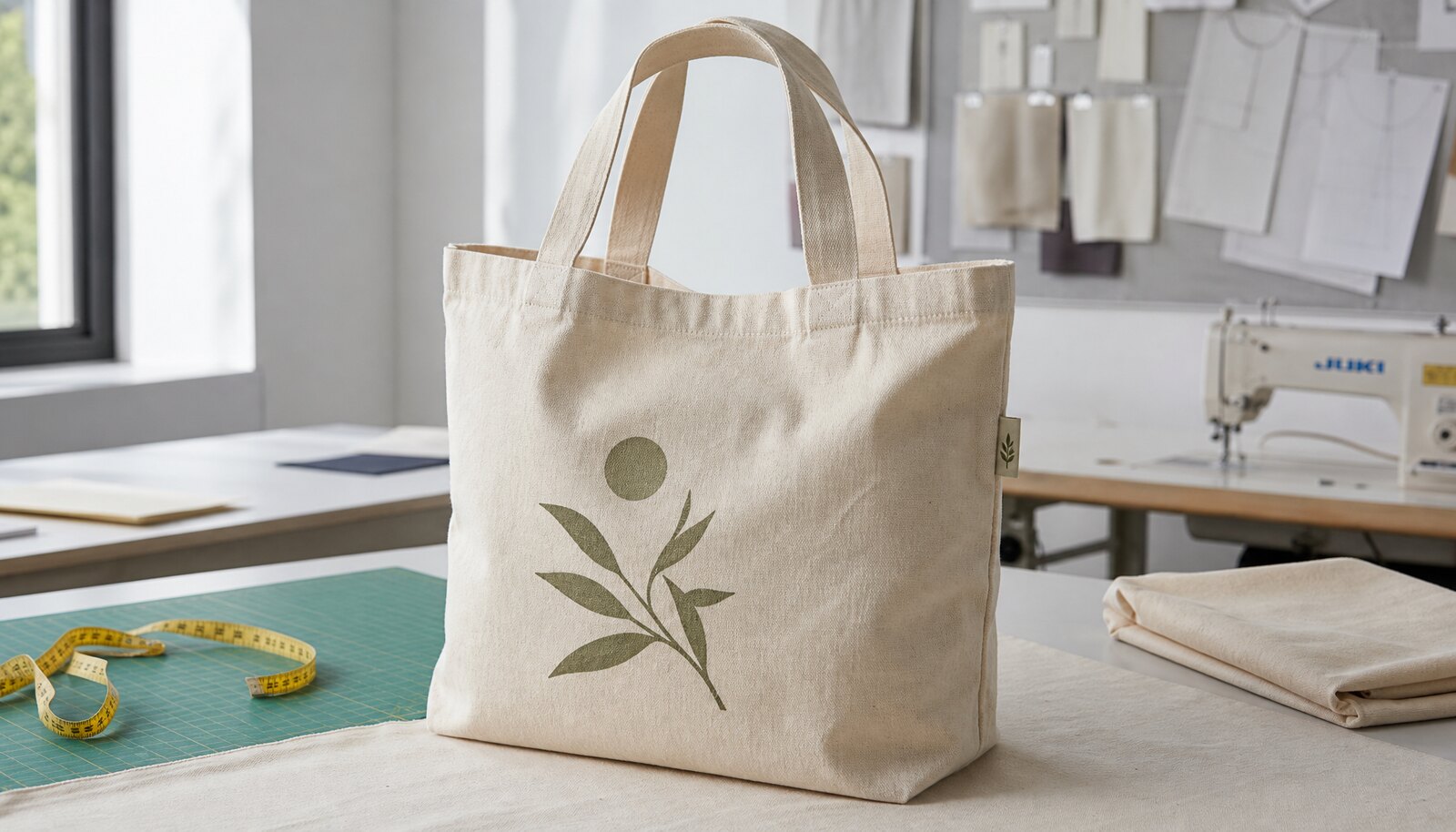 Organic cotton tote bag with a woven side label photographed in a factory sample room