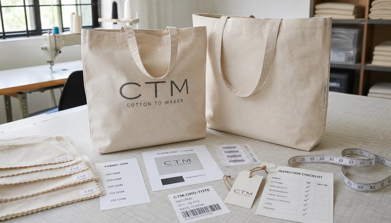 Organic cotton tote bag samples with fabric swatches, print proofs, barcode labels, hangtags, and QC checklist in a factory sample room
