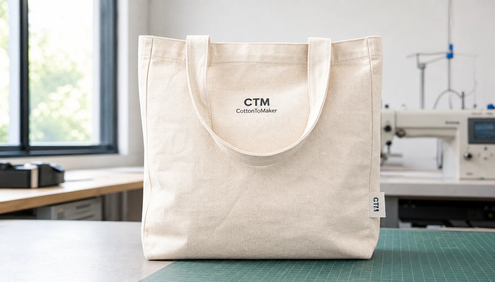 Organic cotton tote bag with a small CTM logo printed on the front and a side label in a factory sample room.