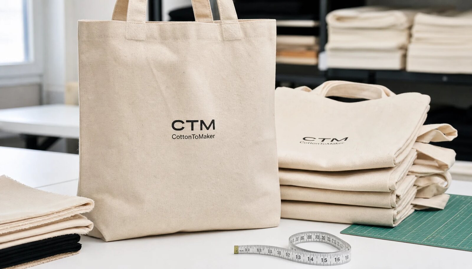 Natural organic cotton tote bag with CTM CottonToMaker sample logo on a studio worktable