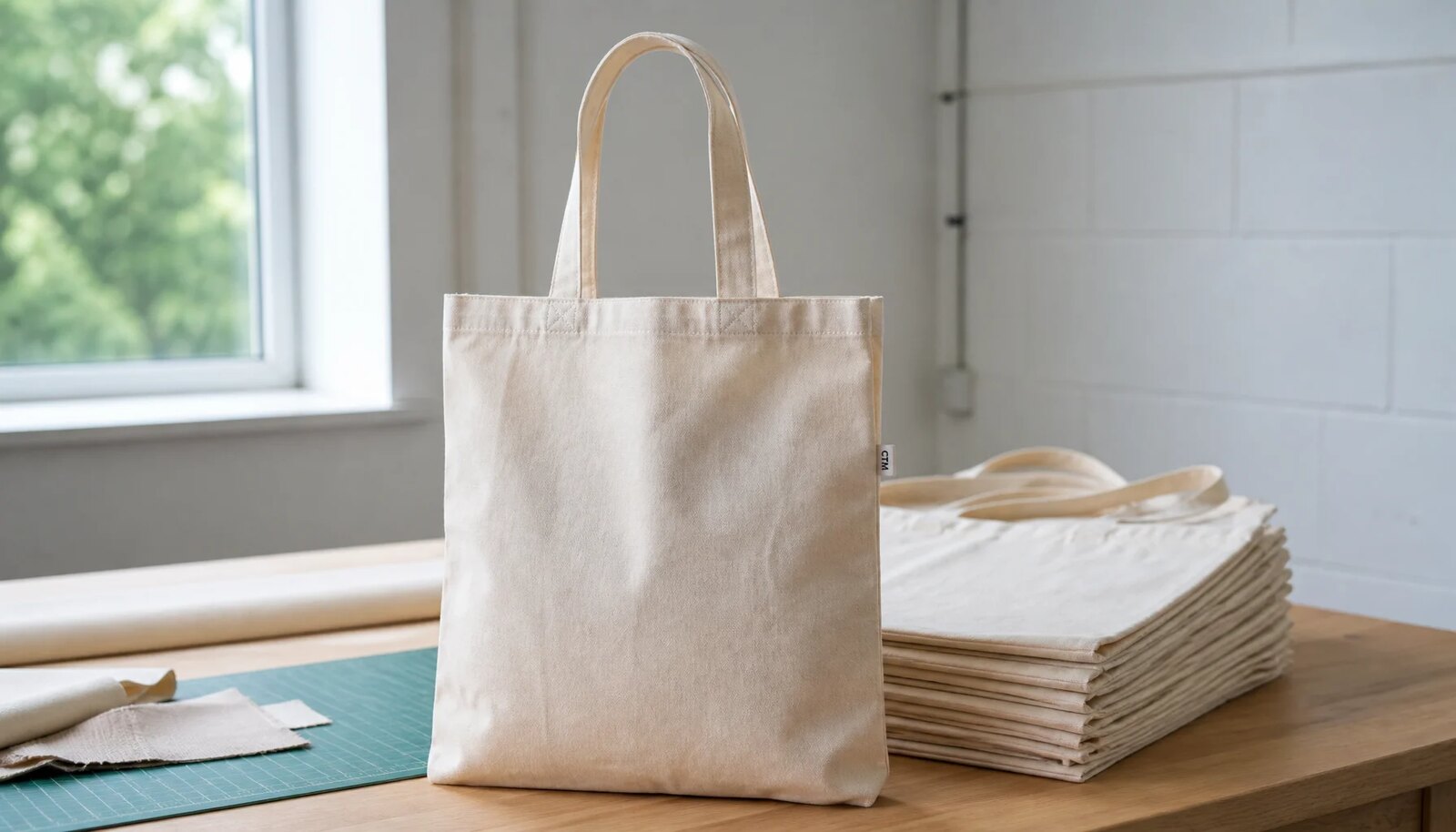 Organic cotton tote bag sample with a small CTM woven side label in a factory sample room