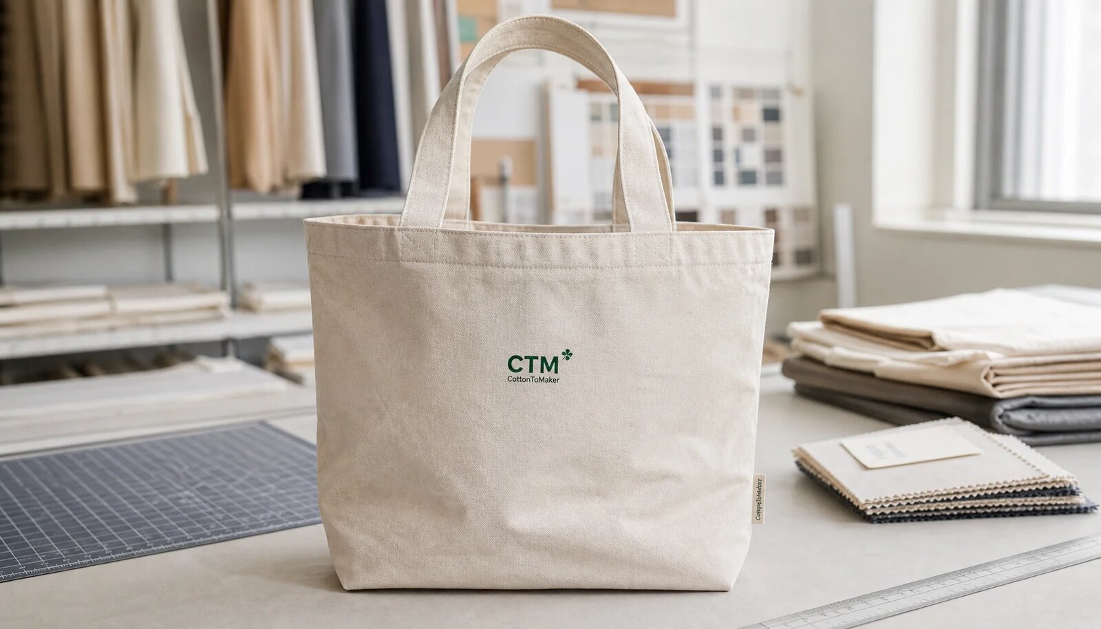 Organic cotton tote bag sample with CTM logo and woven CottonToMaker side label in a factory sample room