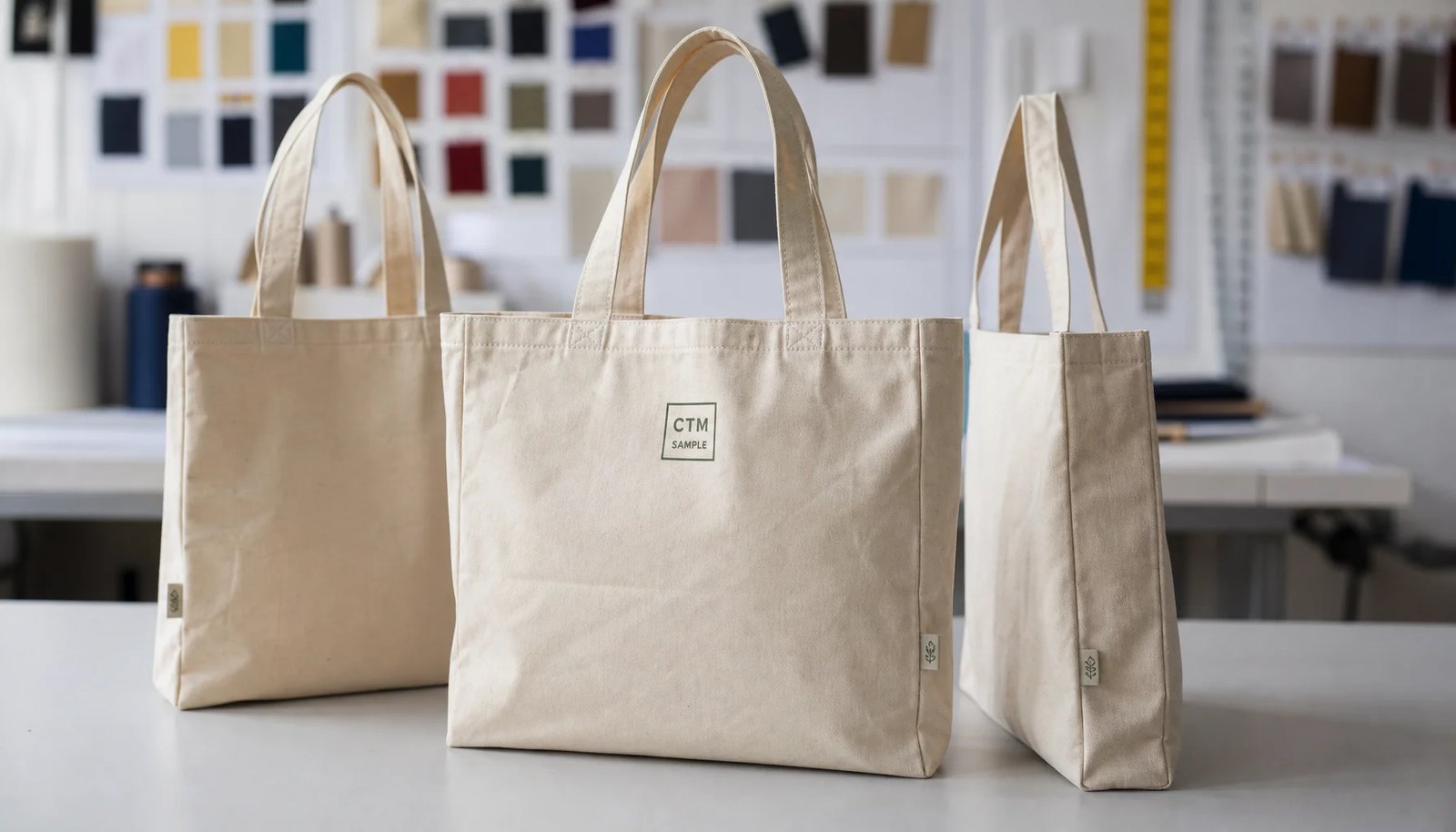 Organic cotton tote bag sample with CTM logo for university bookstore RFQ review