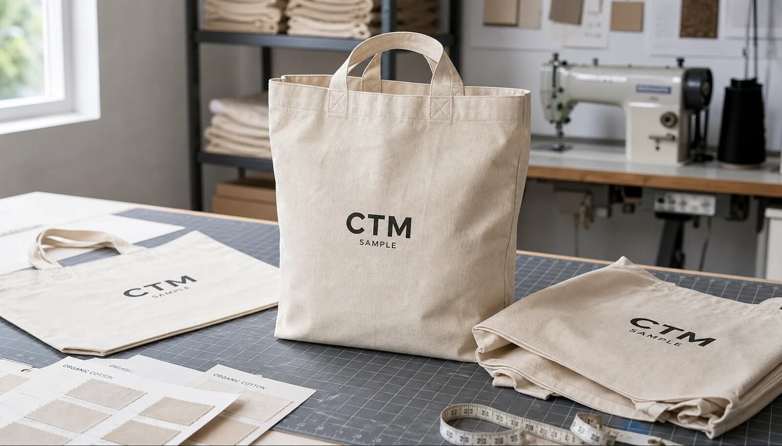 Organic cotton tote bag sample with CTM logo in factory sample room