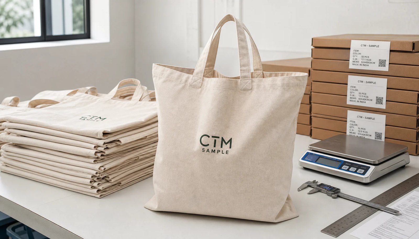 Organic cotton tote bag with sample logo prepared for carton packing and carton measurement in a factory sample room