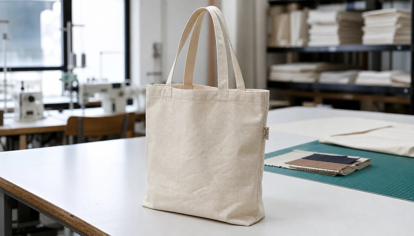 Natural organic cotton tote bag with a CTM sample label in a factory sample room