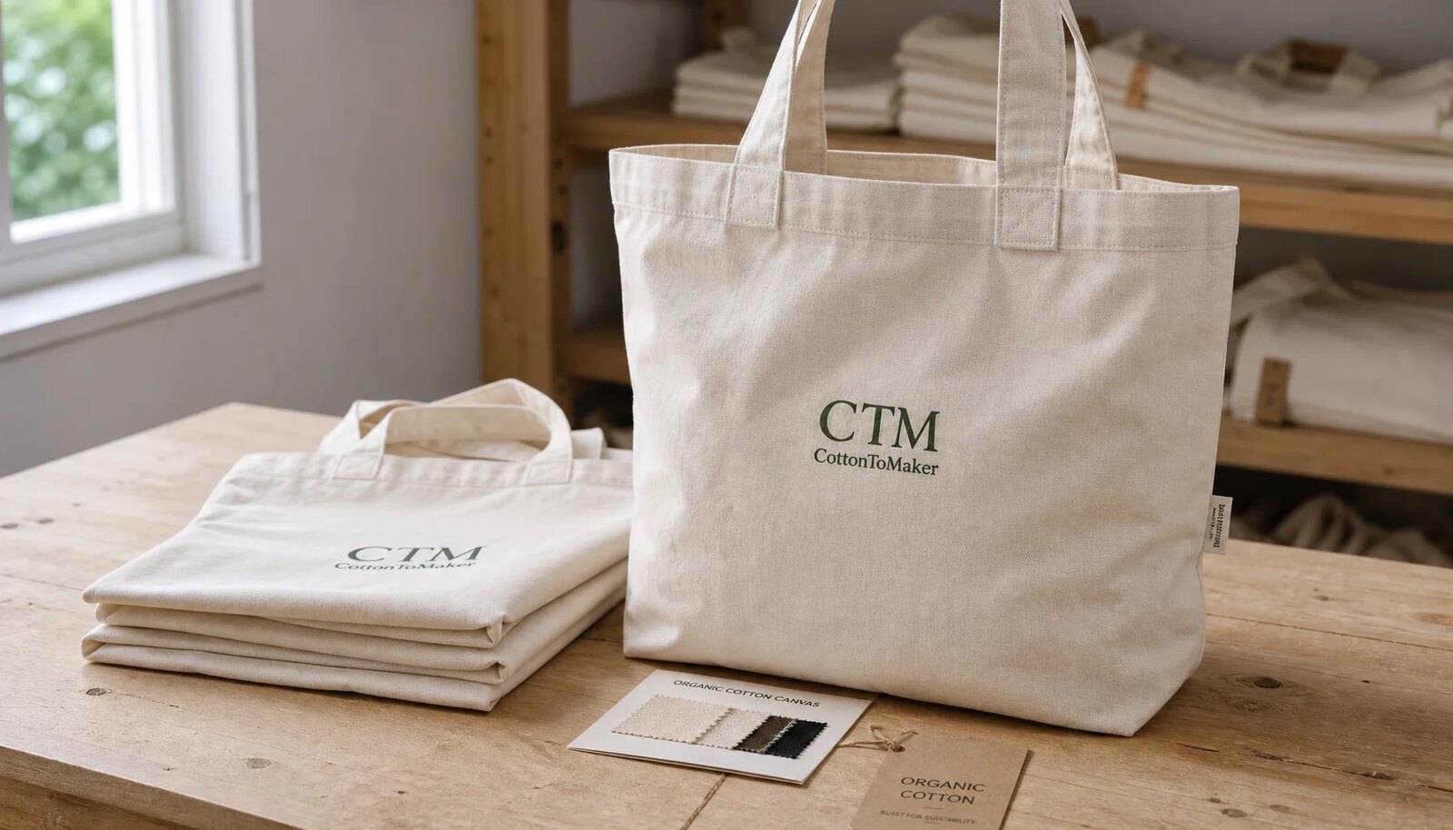 Natural organic cotton tote bag with CTM sample logo printed on the front in a clean studio setting