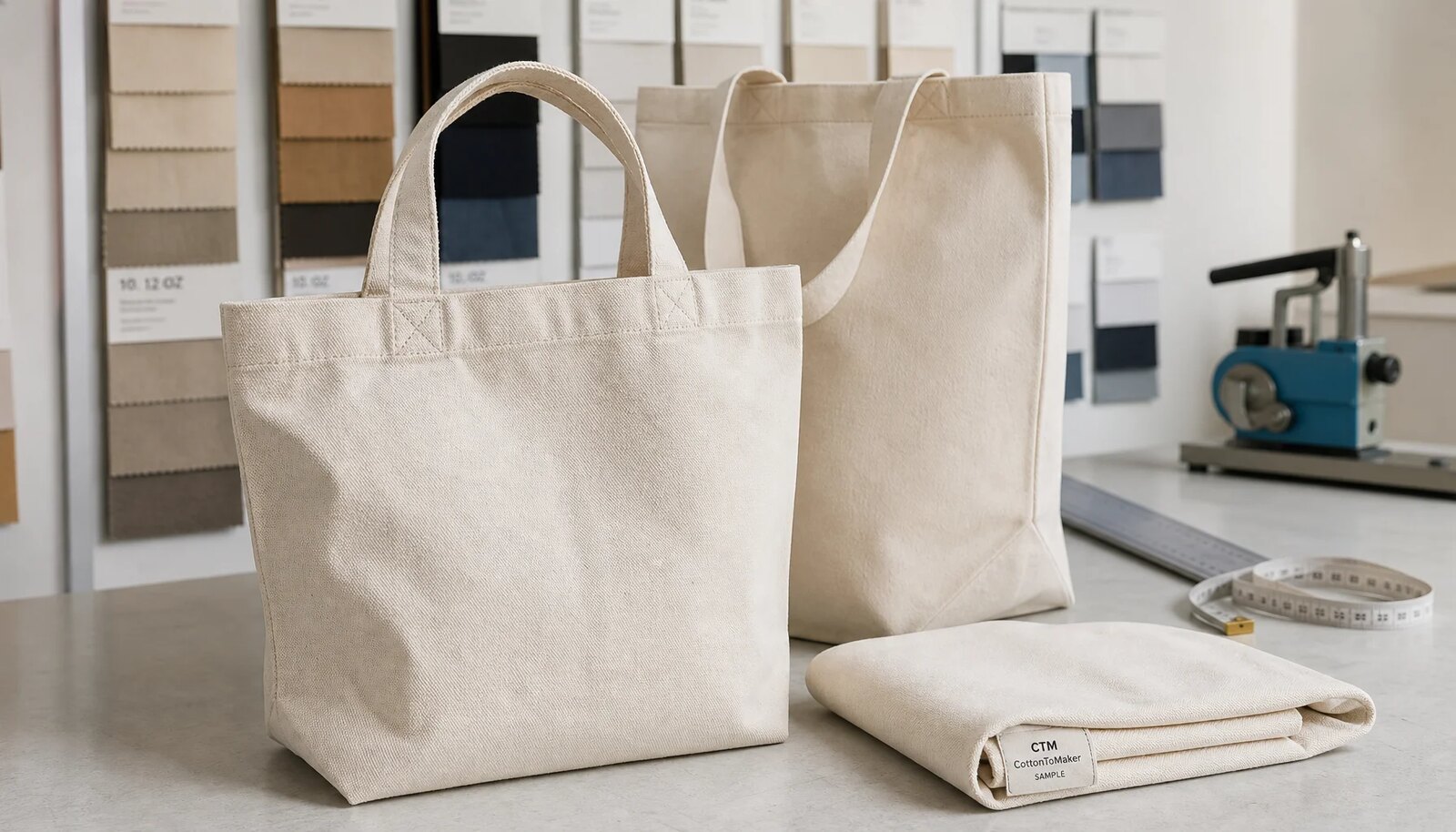 Organic cotton tote bag samples with reinforced handles, swatches, and measuring tools in a factory sample room