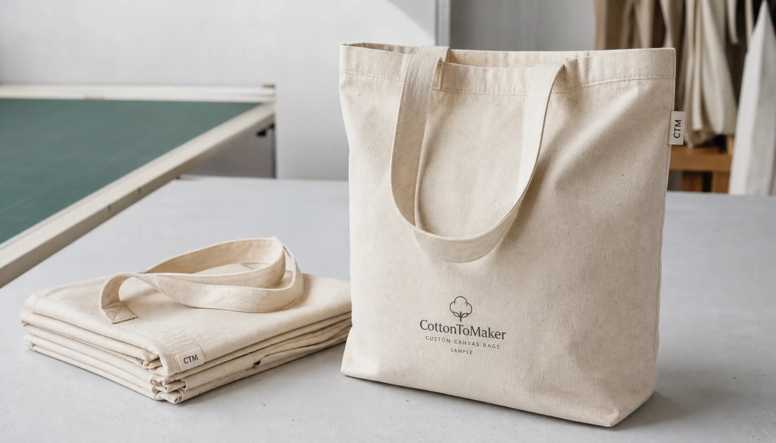 Organic cotton tote sample with CTM logo and woven side label on a studio table
