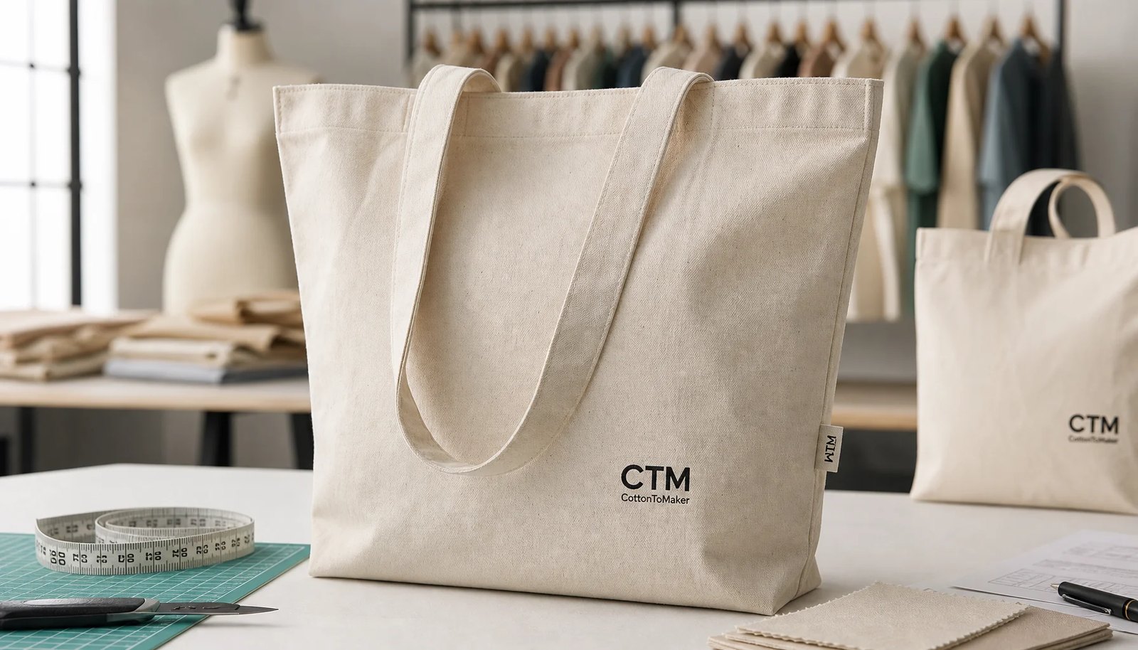 Natural organic cotton tote bag with a simple CTM logo in a clean sample room