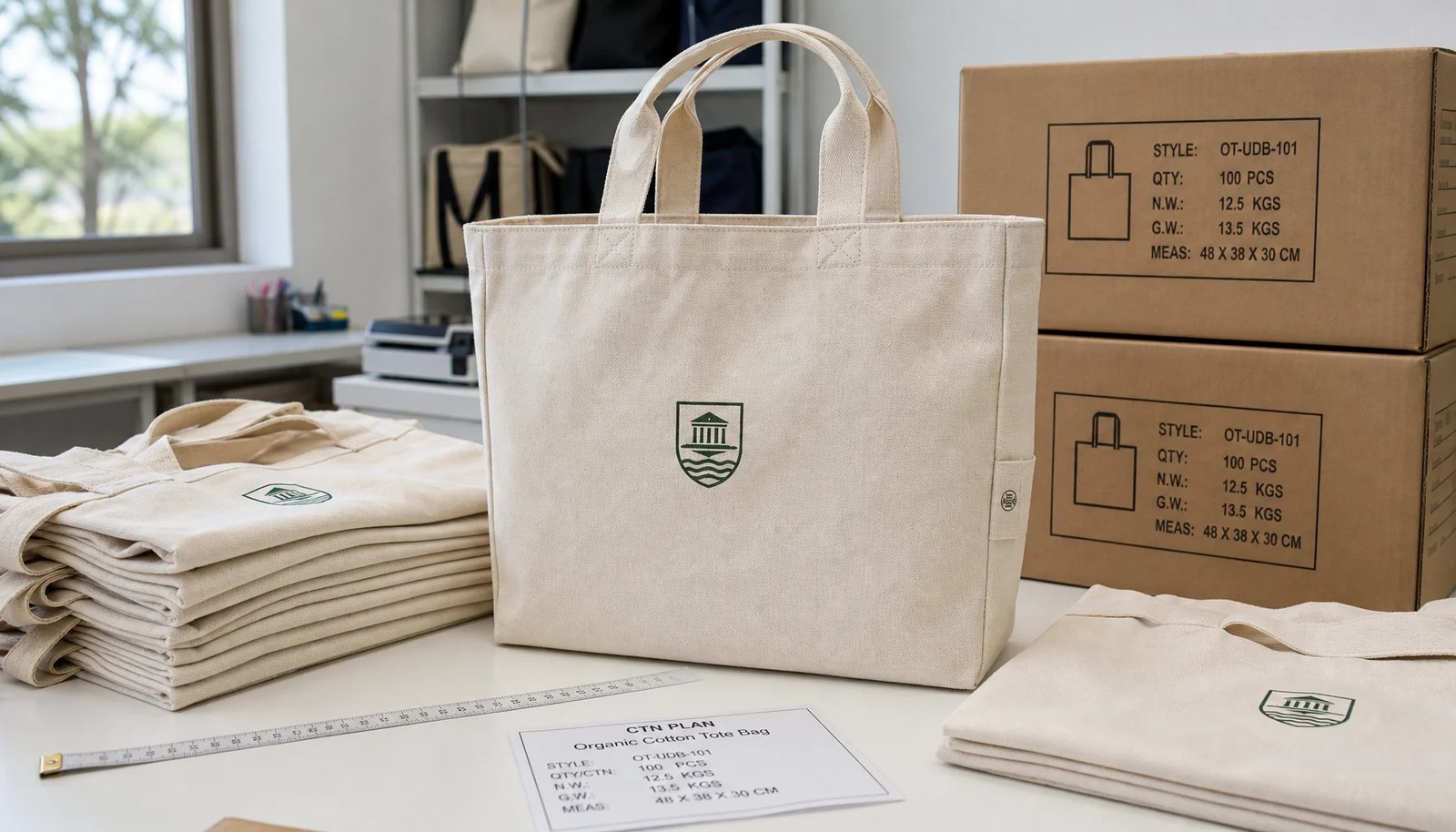 Organic cotton tote bag sample with CTM logo beside export cartons for university bookstore packing review