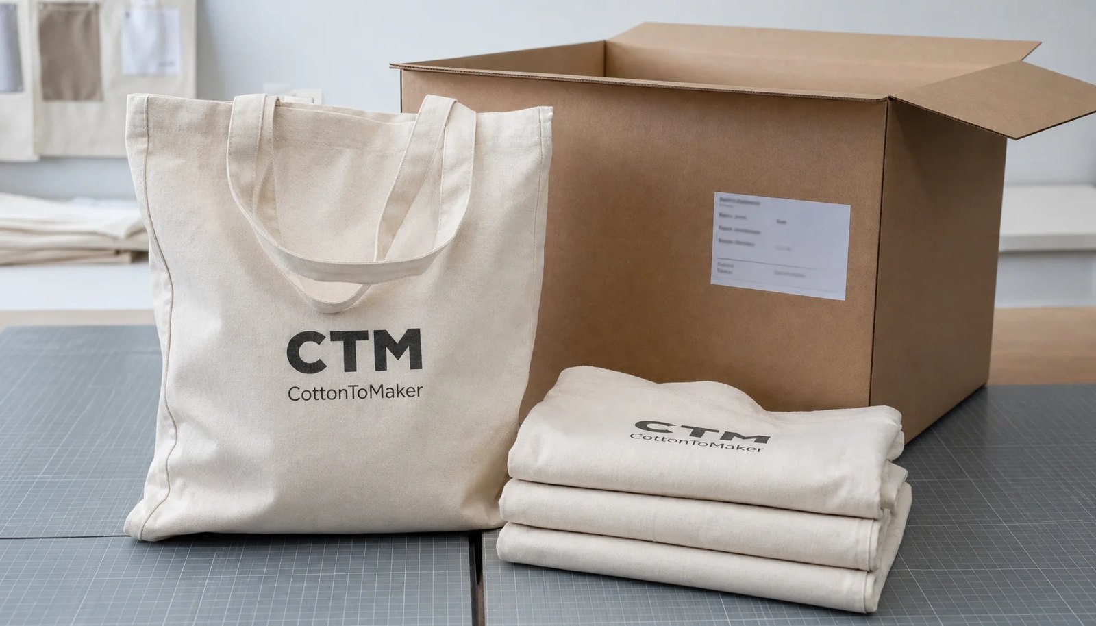 Organic cotton tote bags with CTM sample logo packed beside an export carton for university bookstore orders