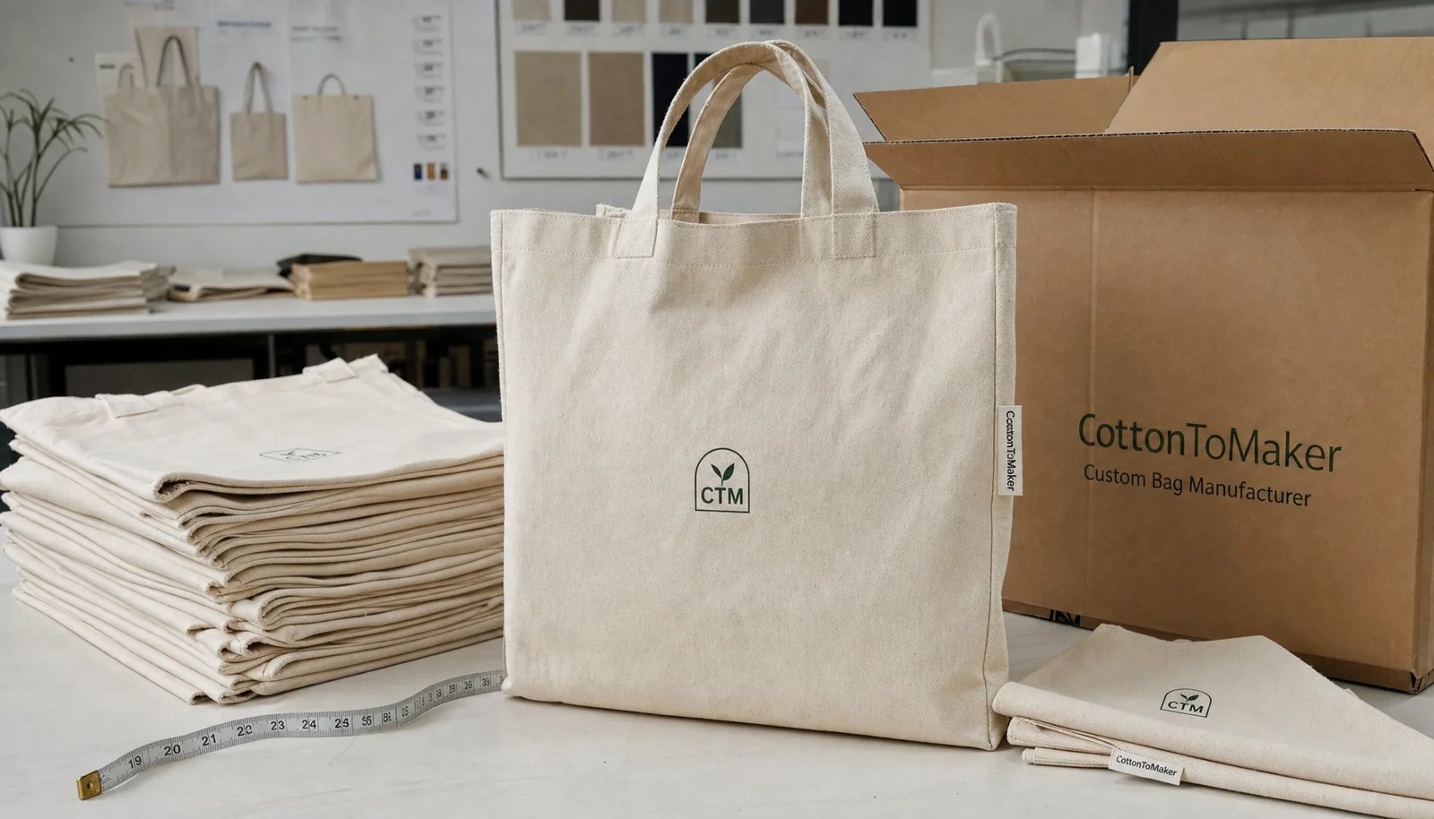 Organic cotton tote bags with CTM sample logo packed beside an export carton