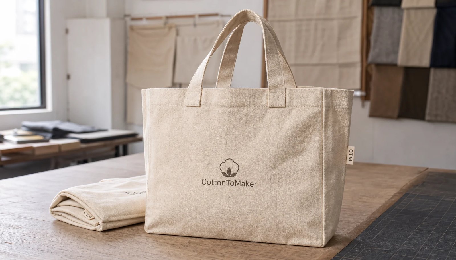 Natural organic cotton tote samples with CTM logo in a factory sample room