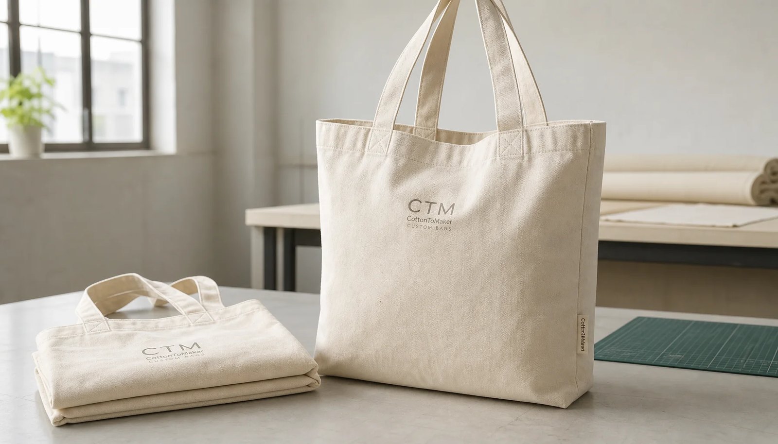 Organic cotton tote bag sample with CTM logo and CottonToMaker side label for university bookstore wholesale buying