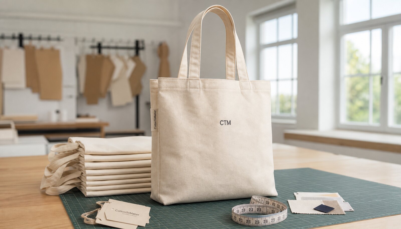 Organic cotton tote bags with a small CTM logo on a factory sample room worktable