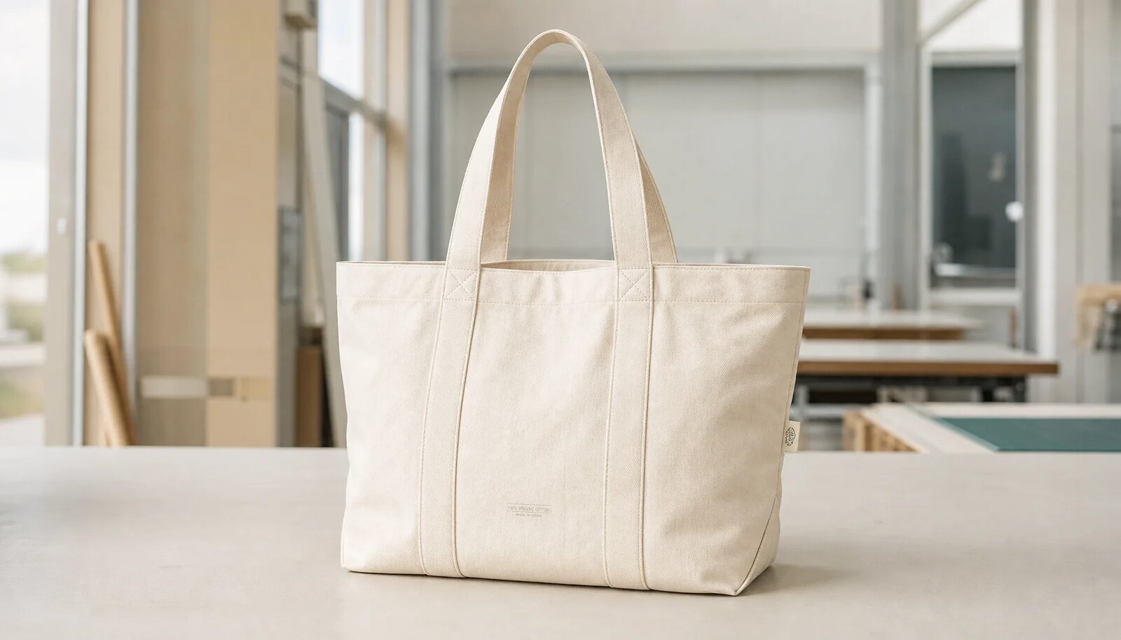Natural organic cotton tote bag with a simple CTM sample logo shown in a clean factory sample room