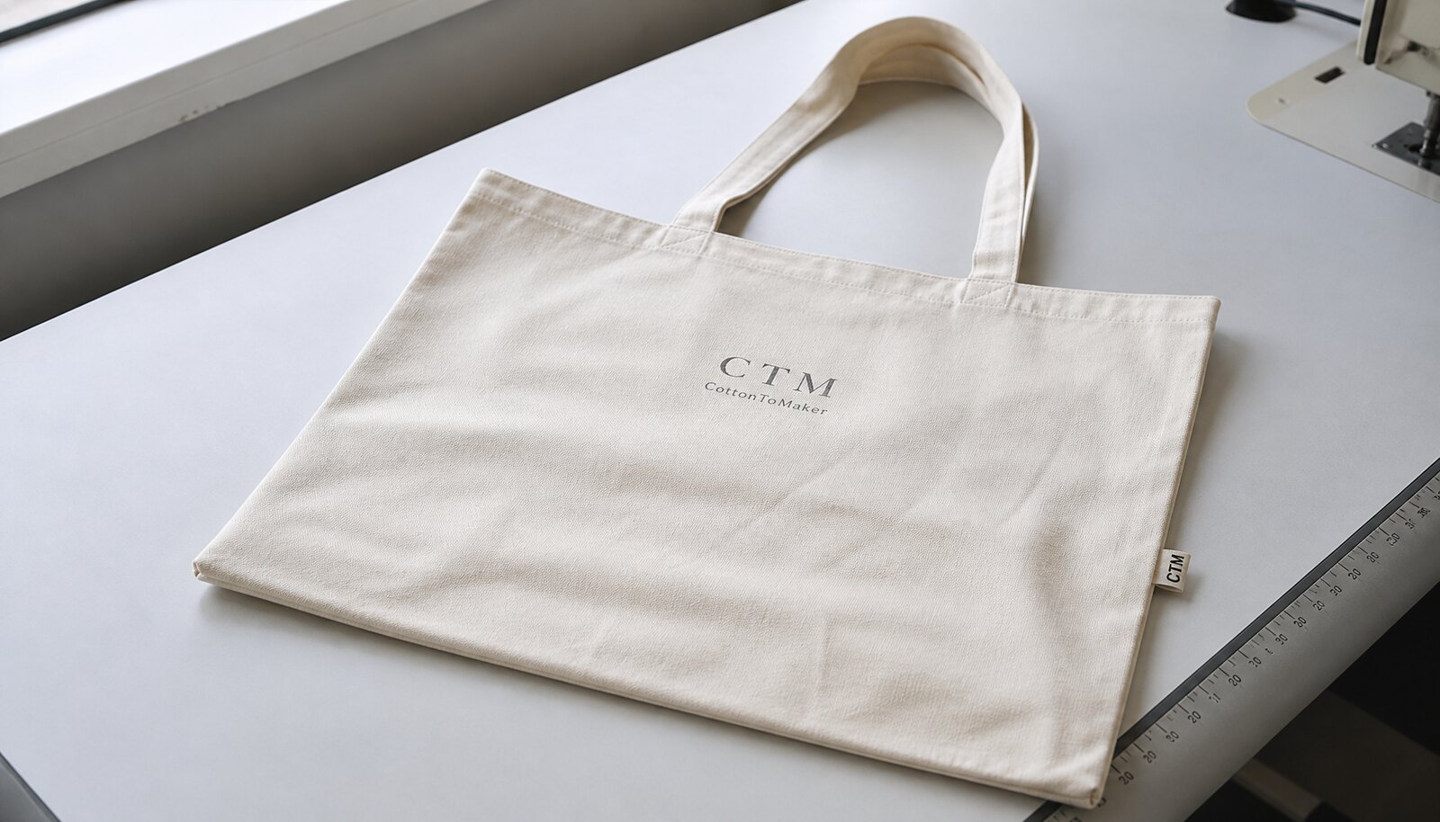 Natural cotton tote bag with a small CTM logo printed on the front and a woven side label in a clean factory sample room