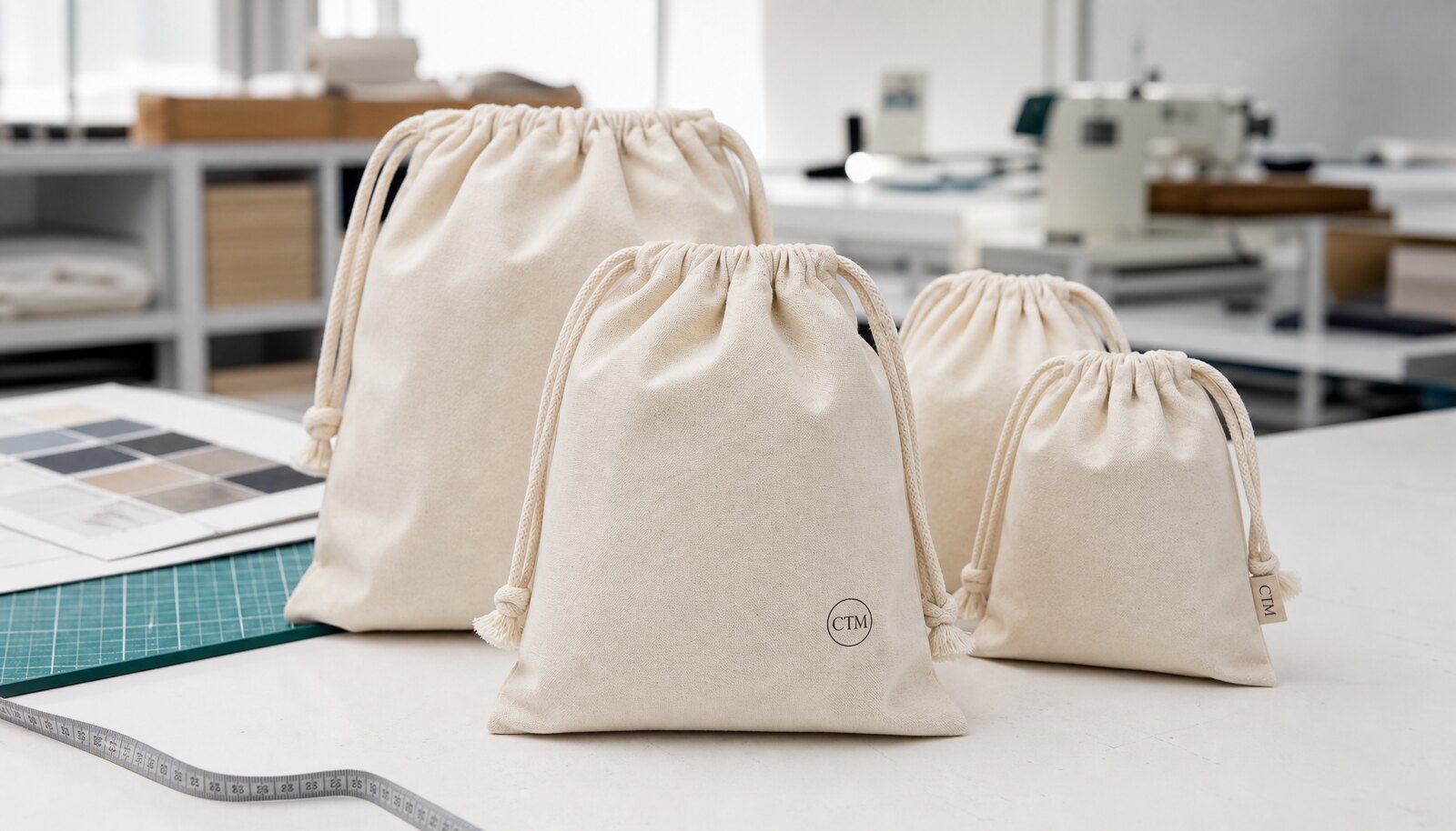 Photorealistic sample-room image of personalised canvas drawstring bags with a small CTM logo printed on the bag