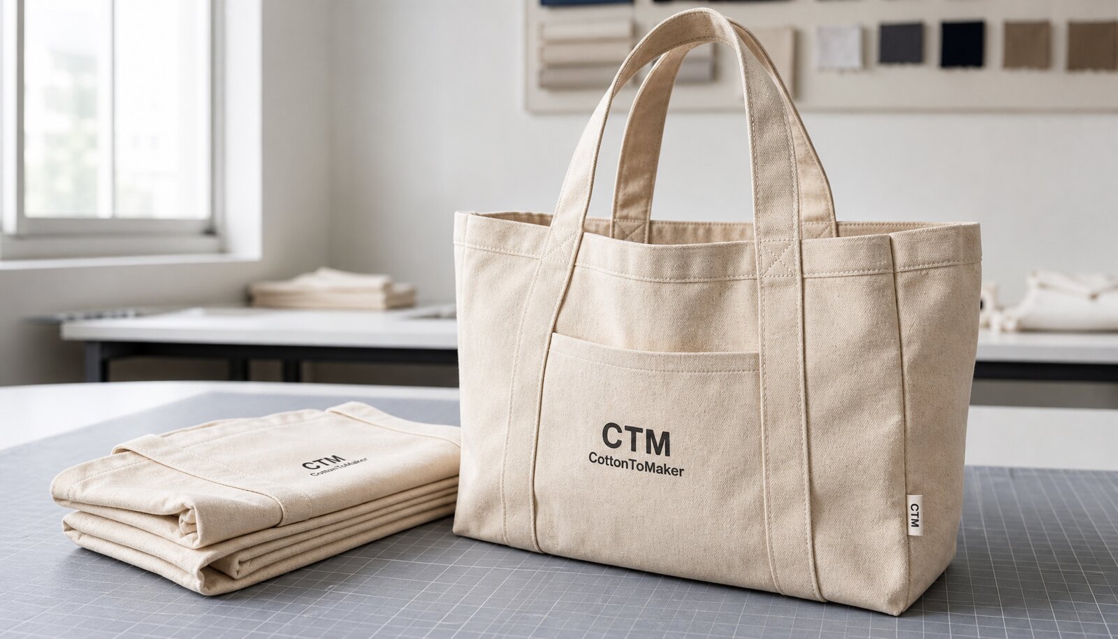 Personalised canvas shopping bag with a simple CTM CottonToMaker sample logo printed on natural canvas in a factory sample room