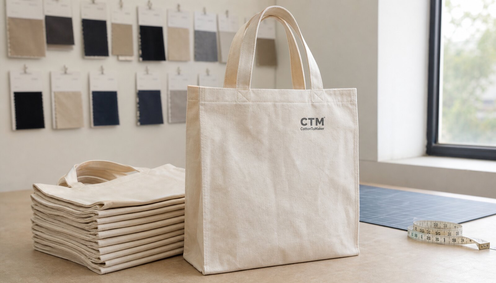 Natural cotton tote bags in a factory sample room with a small CottonToMaker logo printed on the bag