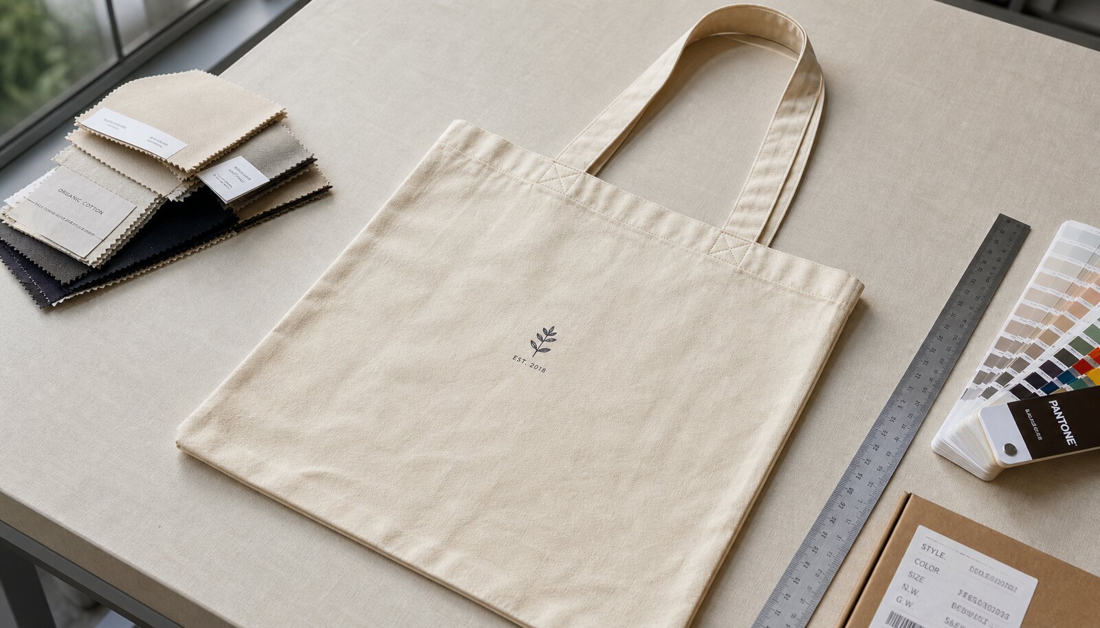 Natural cotton tote bag with a sample logo printed on the front, shown in a factory sample room with fabric swatches and measuring tools