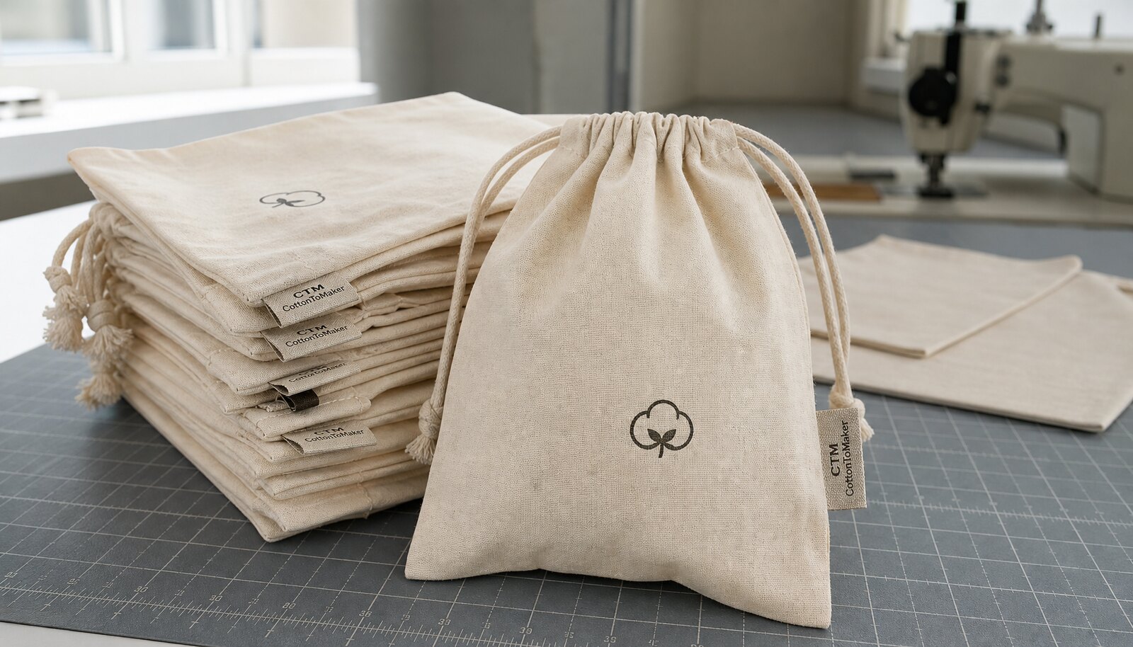 Natural cotton personalised drawstring bag with CTM woven side label and printed logo in a clean factory sample room