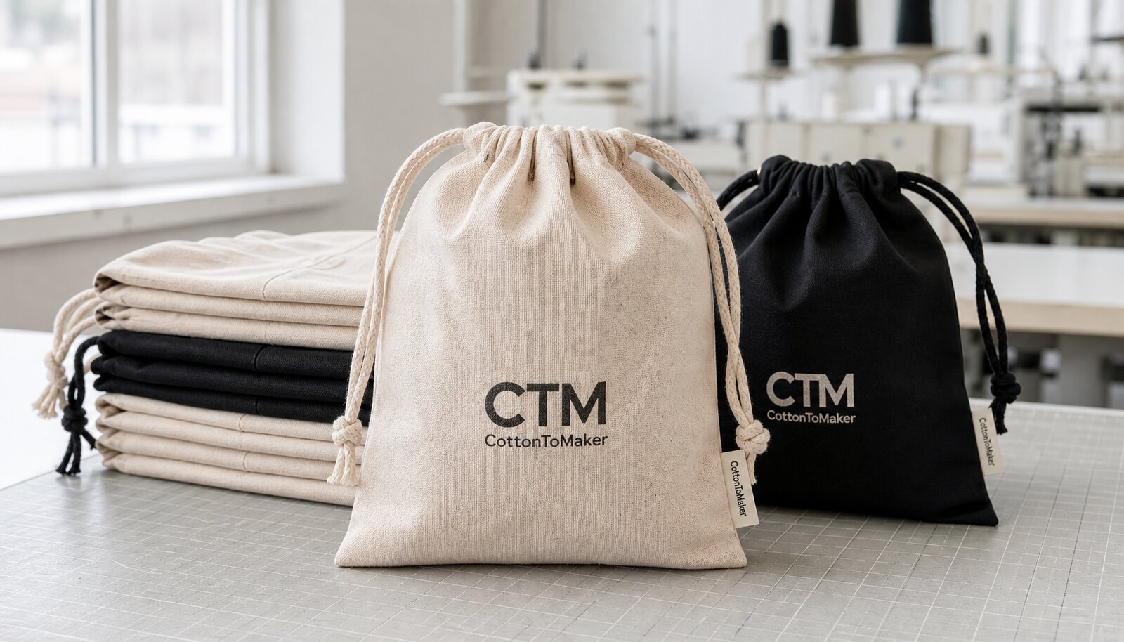 Photorealistic sample-room image of personalised drawstring pouches with a simple CTM CottonToMaker logo printed on the product