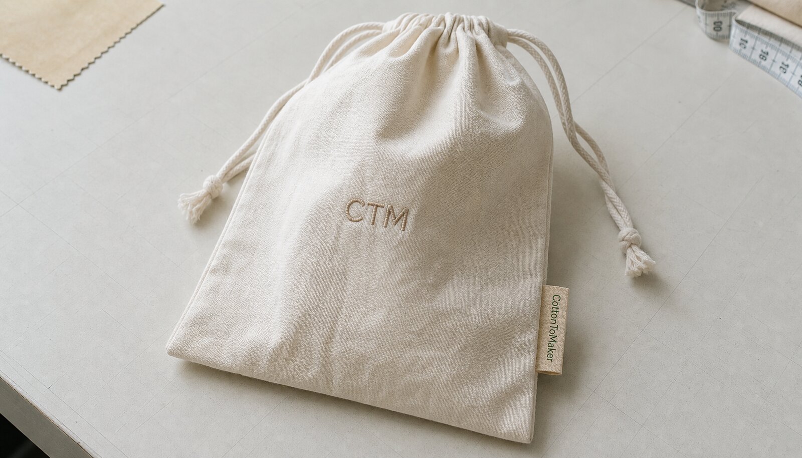 Natural cotton drawstring bag in a factory sample room with a stitched CTM logo and woven CottonToMaker side label.