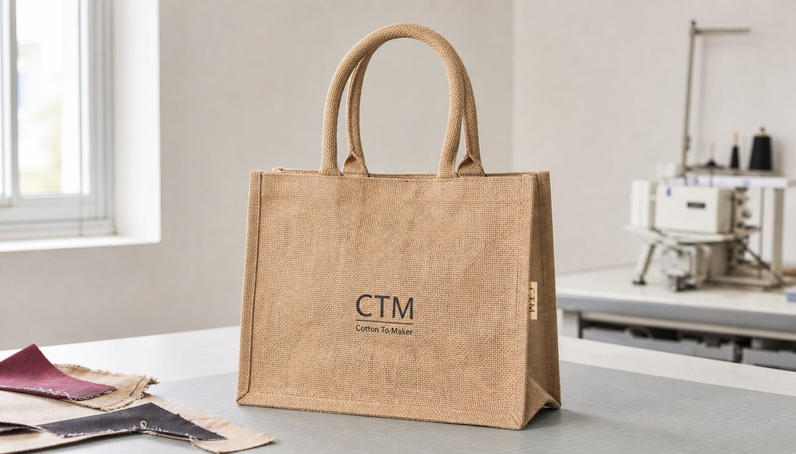 Photorealistic personalised jute tote bag with a simple CTM or CottonToMaker logo in a clean sample room
