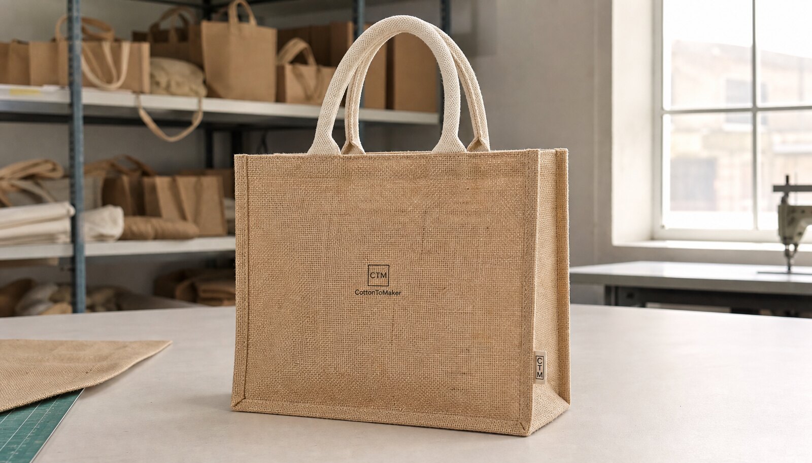 Natural jute shopping bag with a small CTM CottonToMaker sample logo in a clean factory sample room.