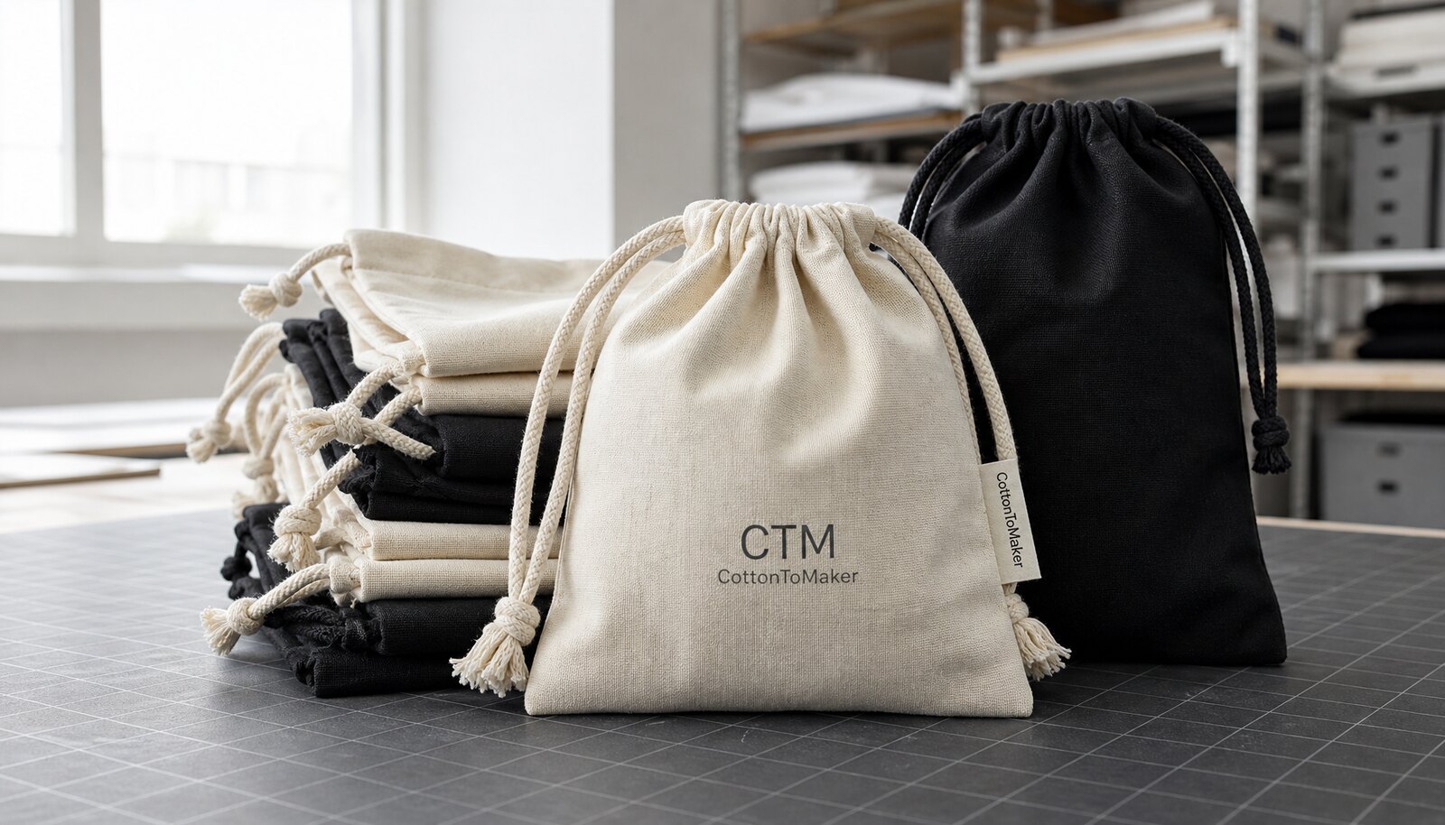 Photorealistic personalised mini drawstring bag with a CTM CottonToMaker logo printed on the fabric in a factory sample room