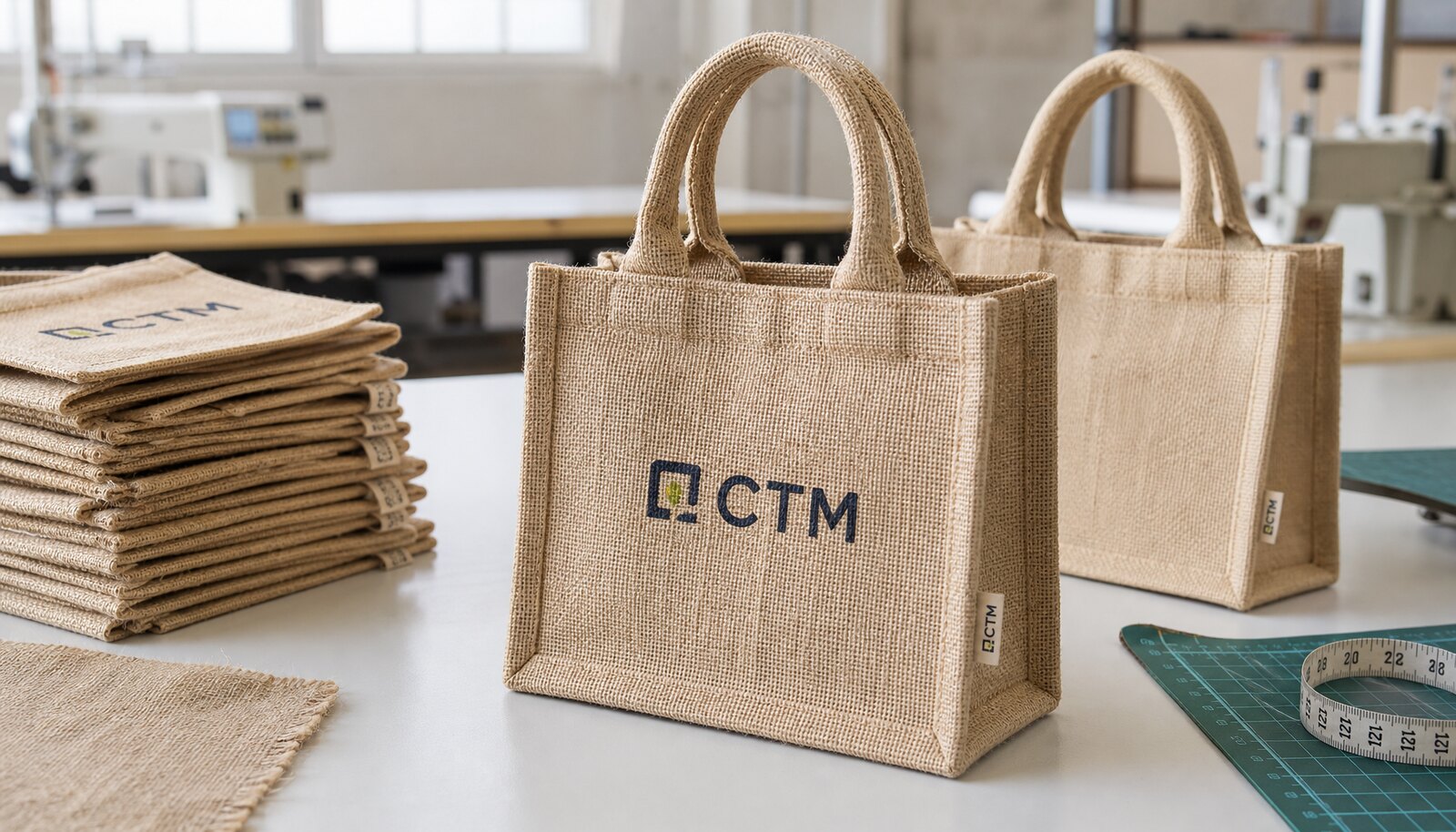 Small personalised jute bags with a simple CTM sample logo printed on the front in a factory sample room.