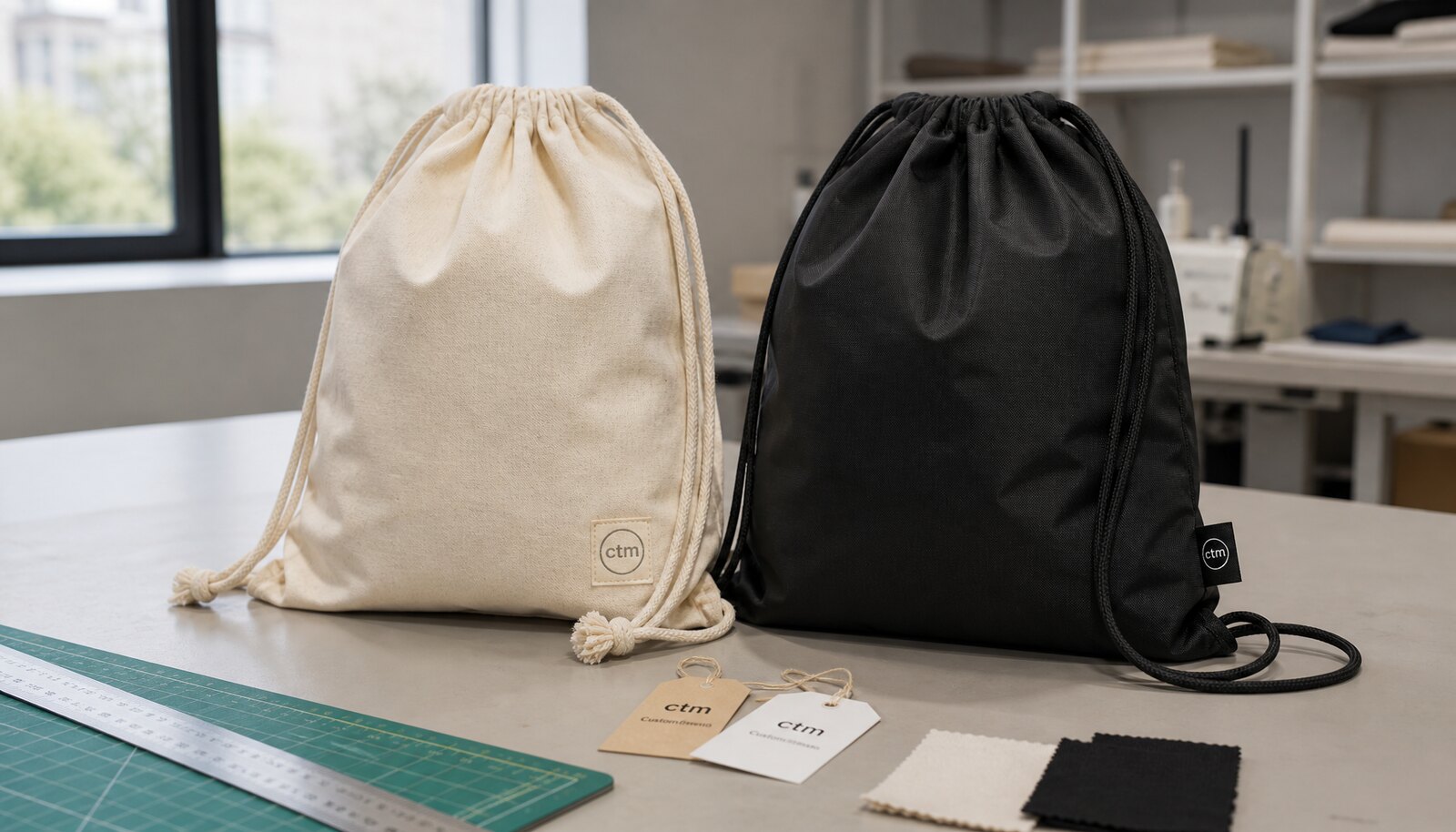 Photorealistic personalised string bag sample with a small CTM/CottonToMaker logo printed directly on the bag in a factory sample room.