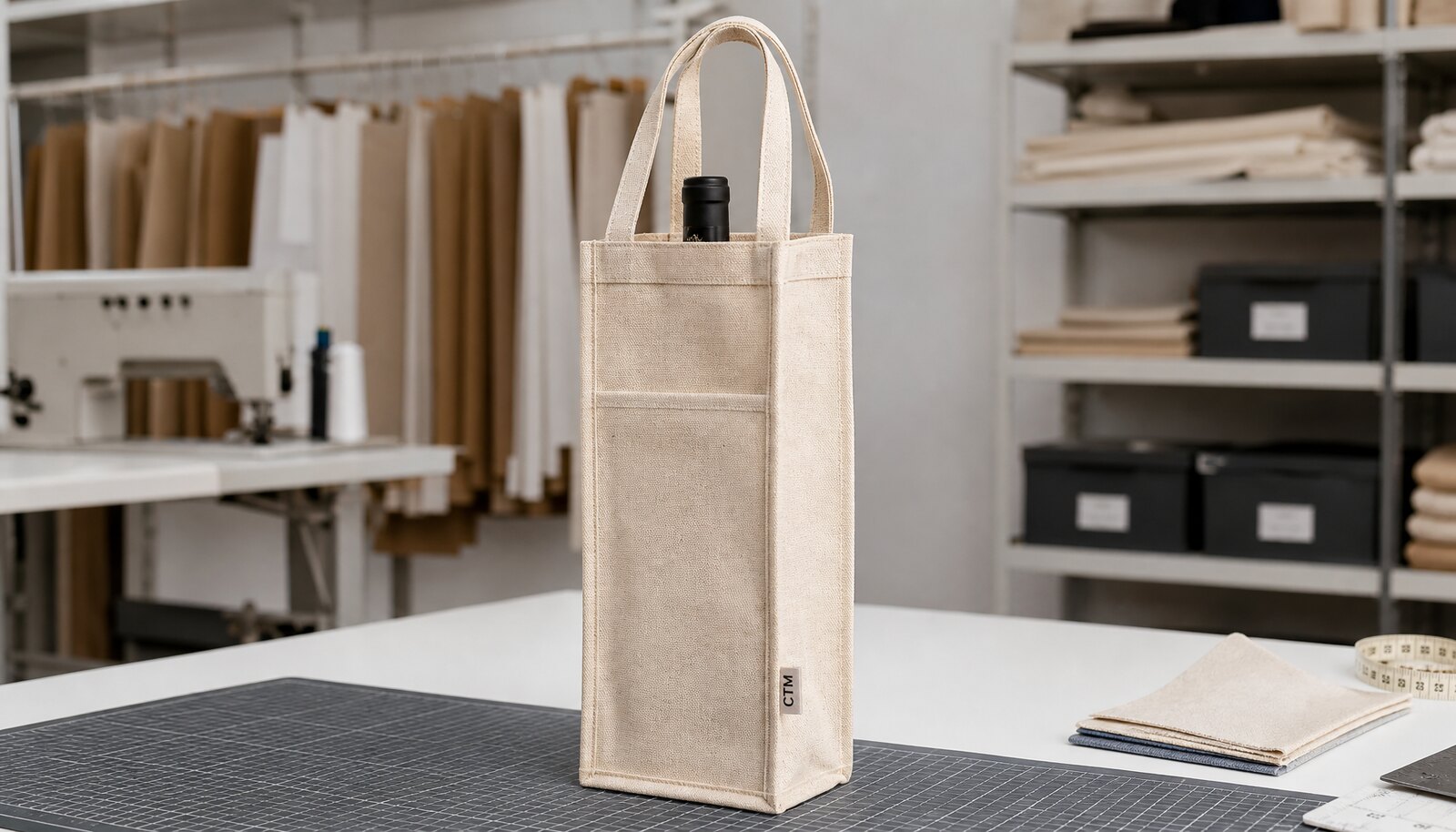 A personalised wine bottle bag with a simple CTM sample logo shown in a clean factory sample room