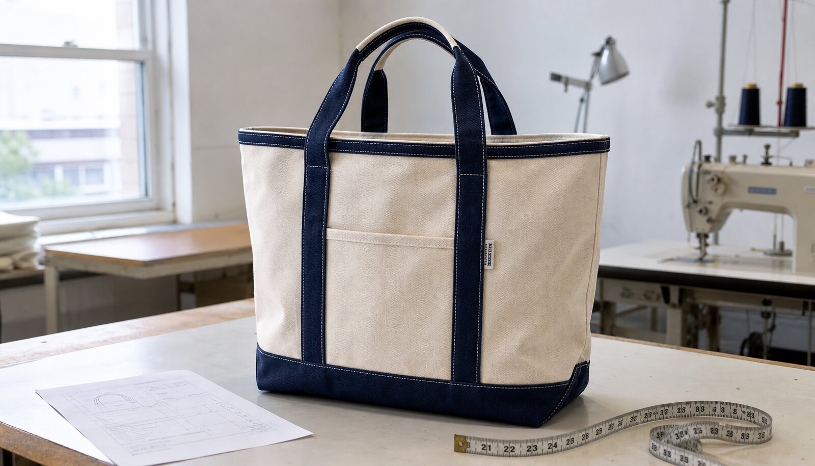 A personalized boat tote with a simple CTM sample logo shown in a clean factory sample room