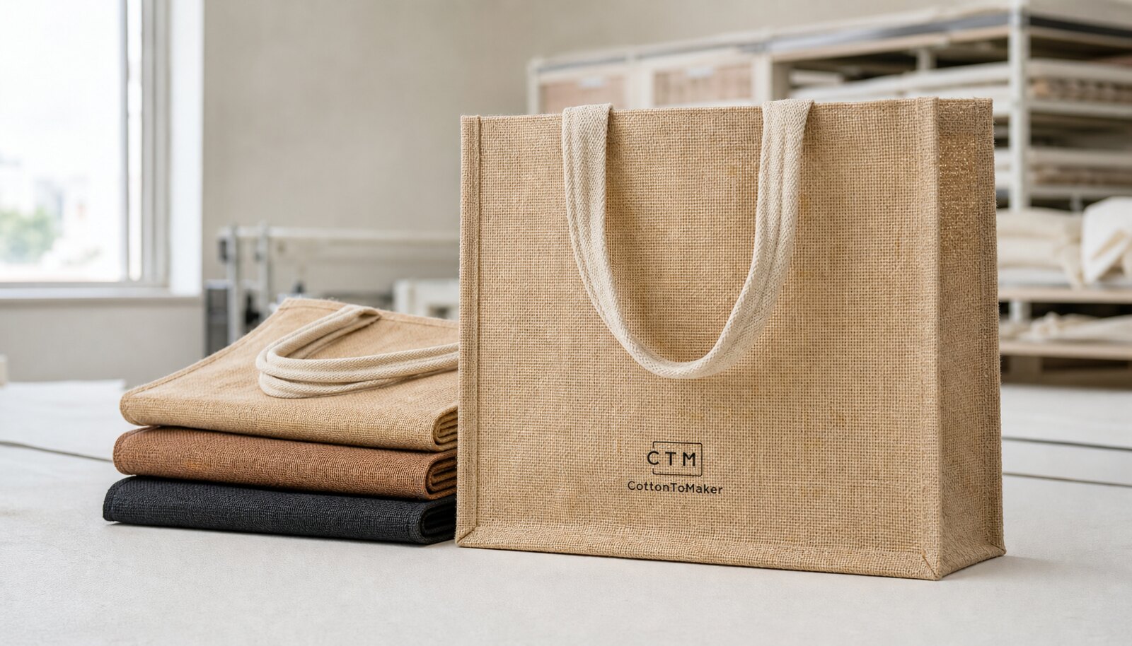 Stacked personalized burlap bags in a factory sample room with a small CTM/CottonToMaker logo printed on the bag