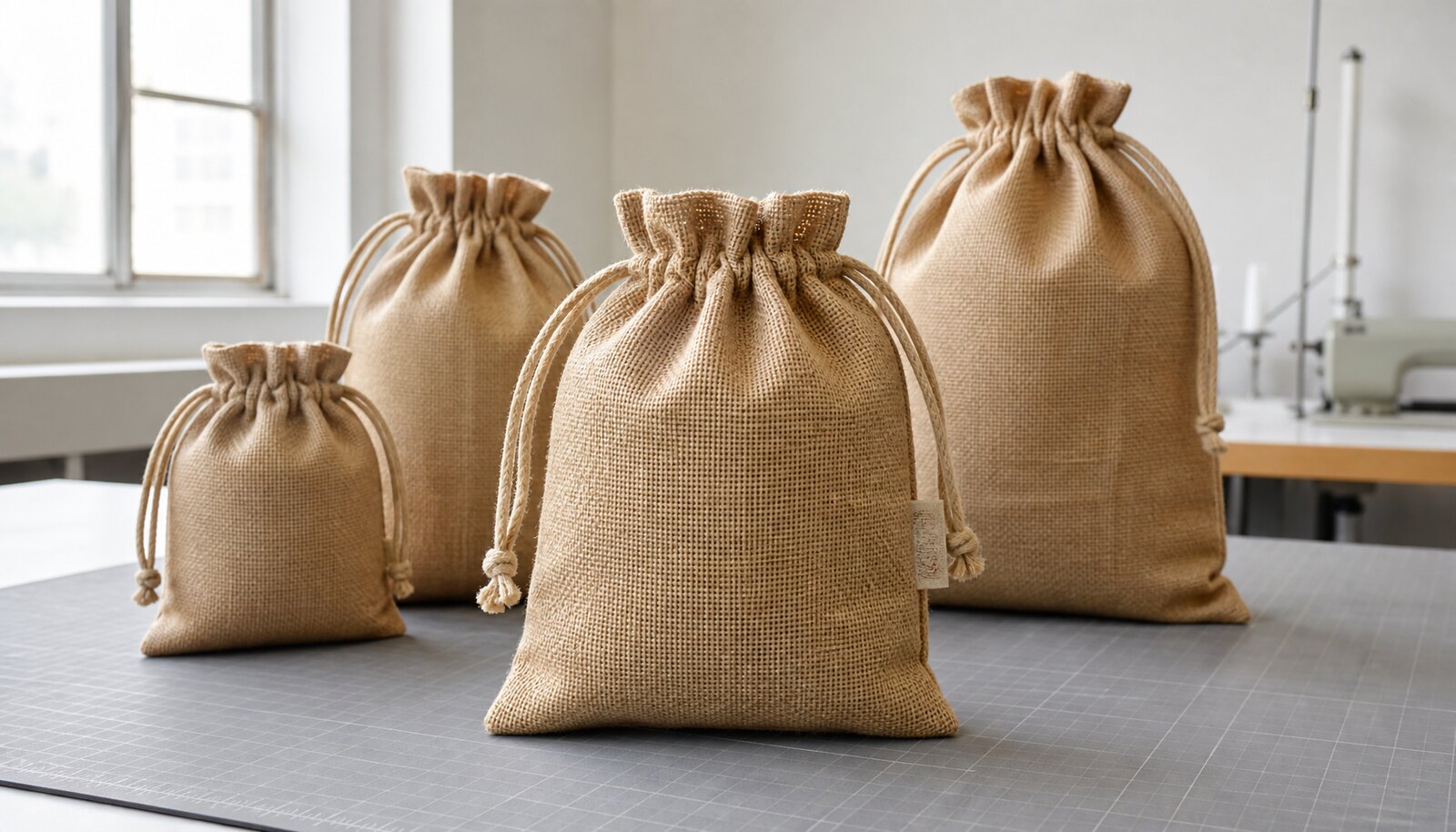Photorealistic burlap gift bags with a simple CTM woven side label in a factory sample room