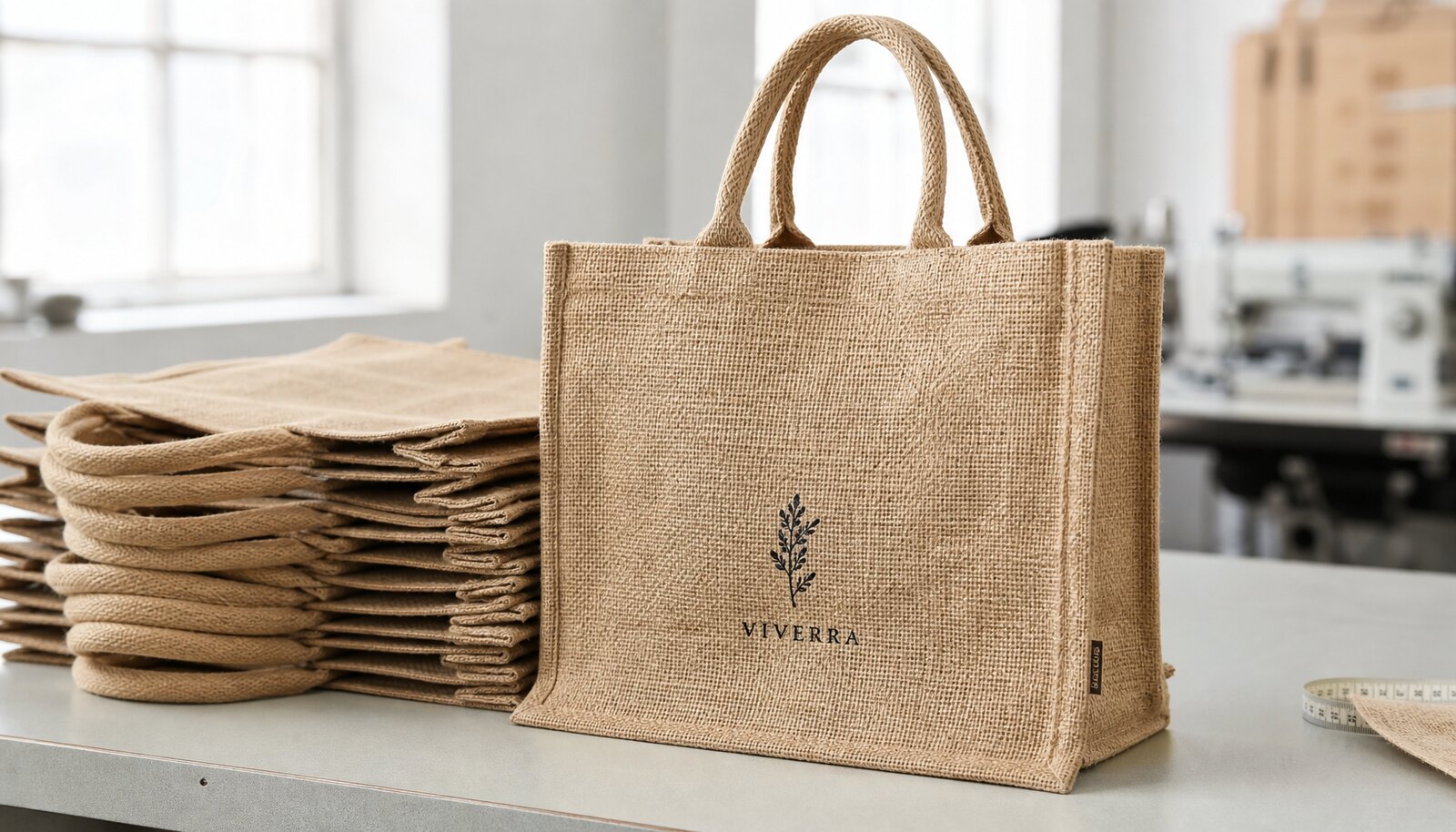 A personalized burlap tote bag with a CTM CottonToMaker side label in a factory sample room