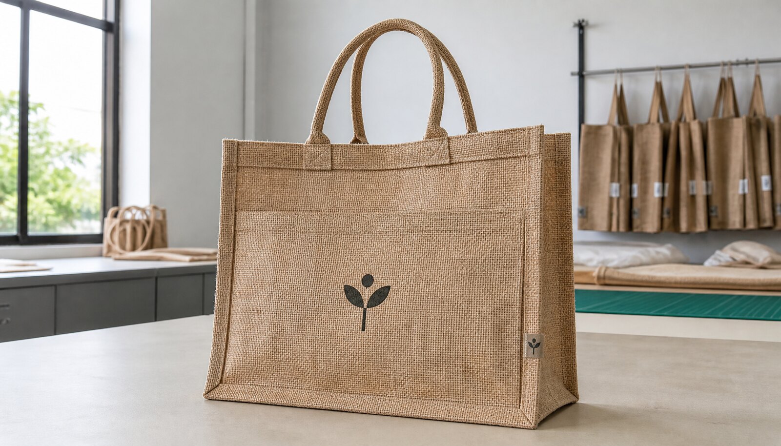 Photorealistic burlap tote bag with a simple CTM sample logo printed on the front in a factory sample room