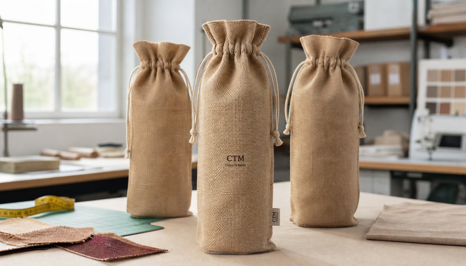 Photorealistic personalized burlap wine bags in a factory sample room with a small CTM logo on one bag